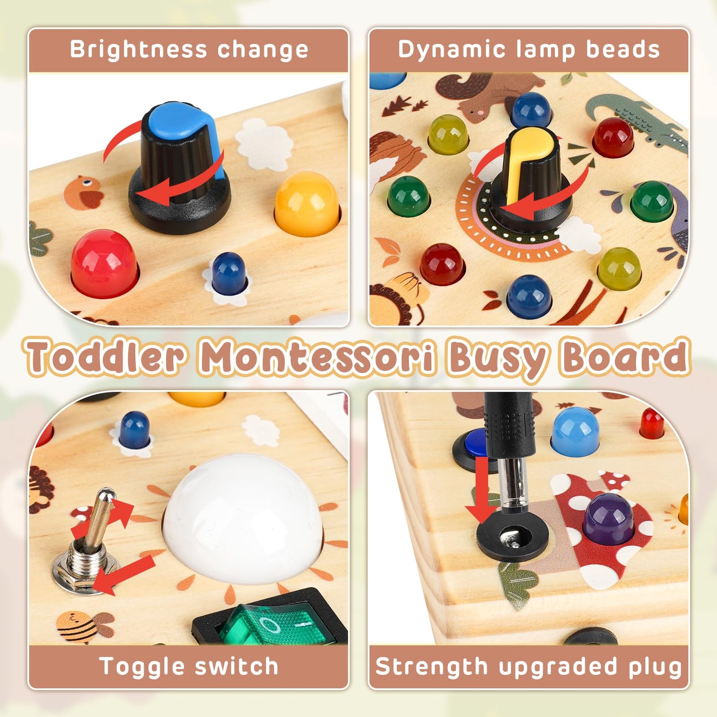 Joyreal Wooden Busy Board with LED Lights, Montessori Sensory Toy for Toddlers, Fidget Board for Fine Motor Skills, Forest Theme