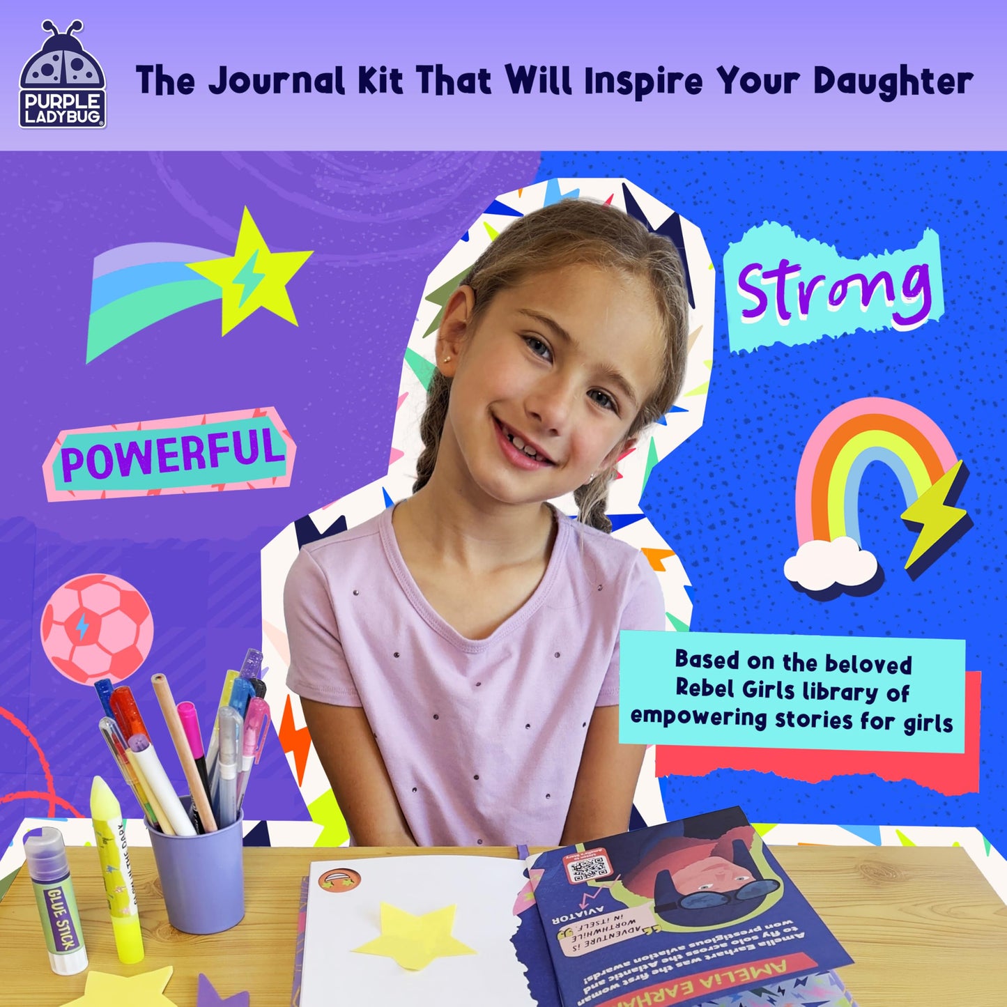 PURPLE LADYBUG Rebel Girls DIY Journal Kit - Scrapbook & Stationery Set with 50+ Accessories for Ages 8-12, Multicolored, Model A-PL-1030