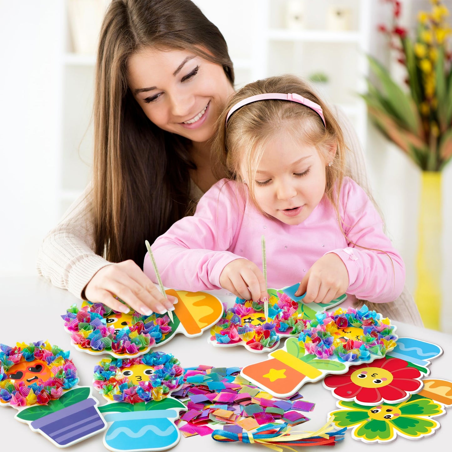 3sscha 12 Packs Spring Flower Poking Craft Kit - Mothers Day Creative DIY Foam Flower Pot Poke Fabric Art Set Make Your Own Car