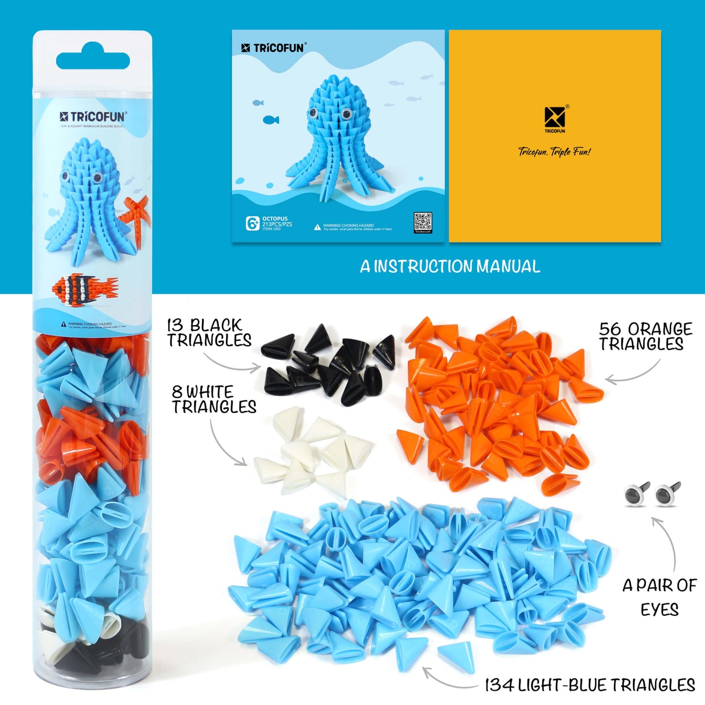 Tricofun 3D Soft Interlocking Forest Animal Building Blocks, Stem Toys For Kids Aged 6 Years -1003-Octopus