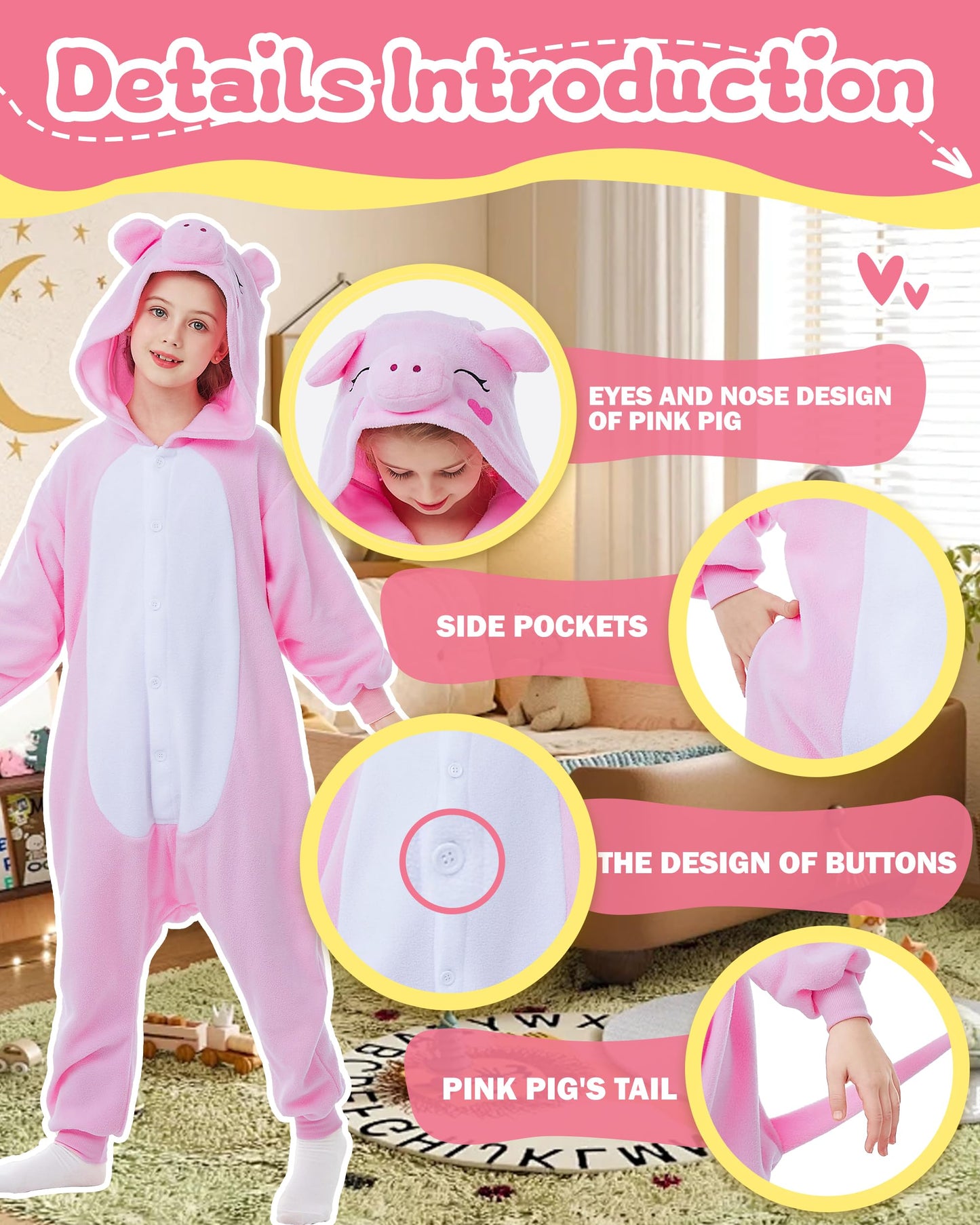 Canasour Pig Onesie Kids Halloween Cosplay Costume Girls One Piece Pjs Anime Unisex Hoodie Pajamas Pink For 4T Boys Party Pyjama