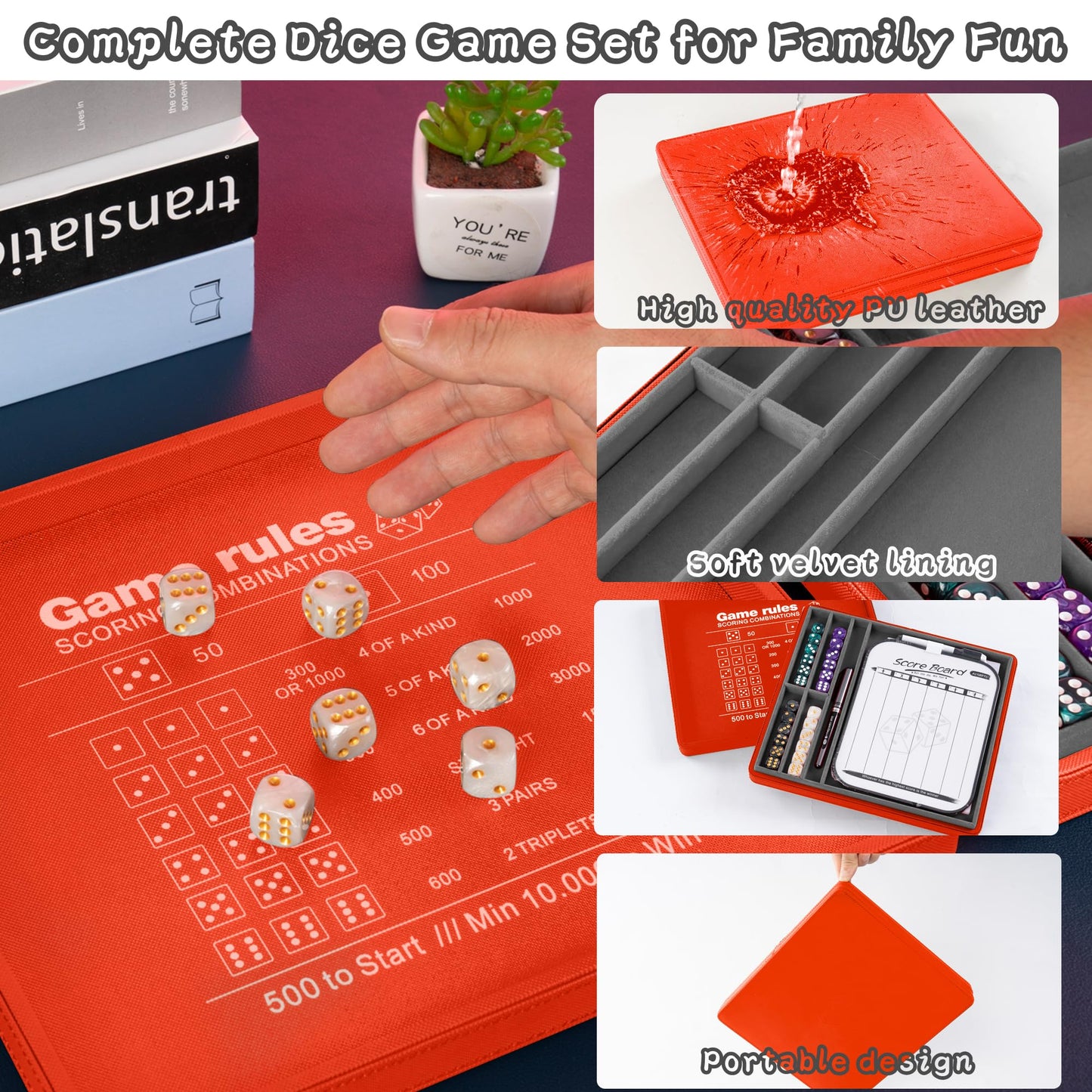 AUSIIBTO Dice Tray and Storage Case for Farkle Game - Includes Embedded Scoring Combinations, 4 Sets of 6 Pearl Dice, 50 Sheet S