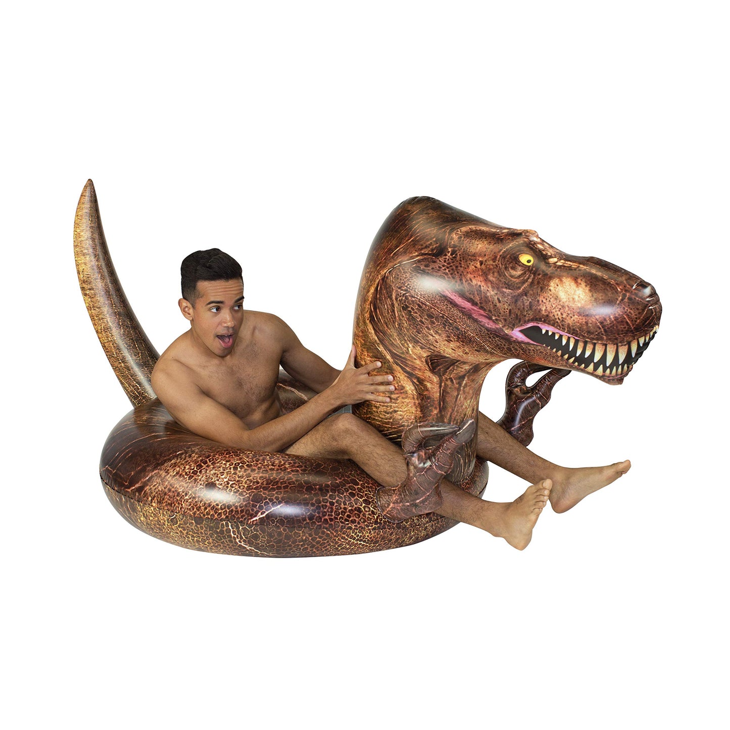 PoolCandy Inflatable T-Rex Dinosaur Swim Ring - 48 X-Large Pool Float for Adults, Teens & Kids - Brown Deluxe Toy for Pool, Lake, River