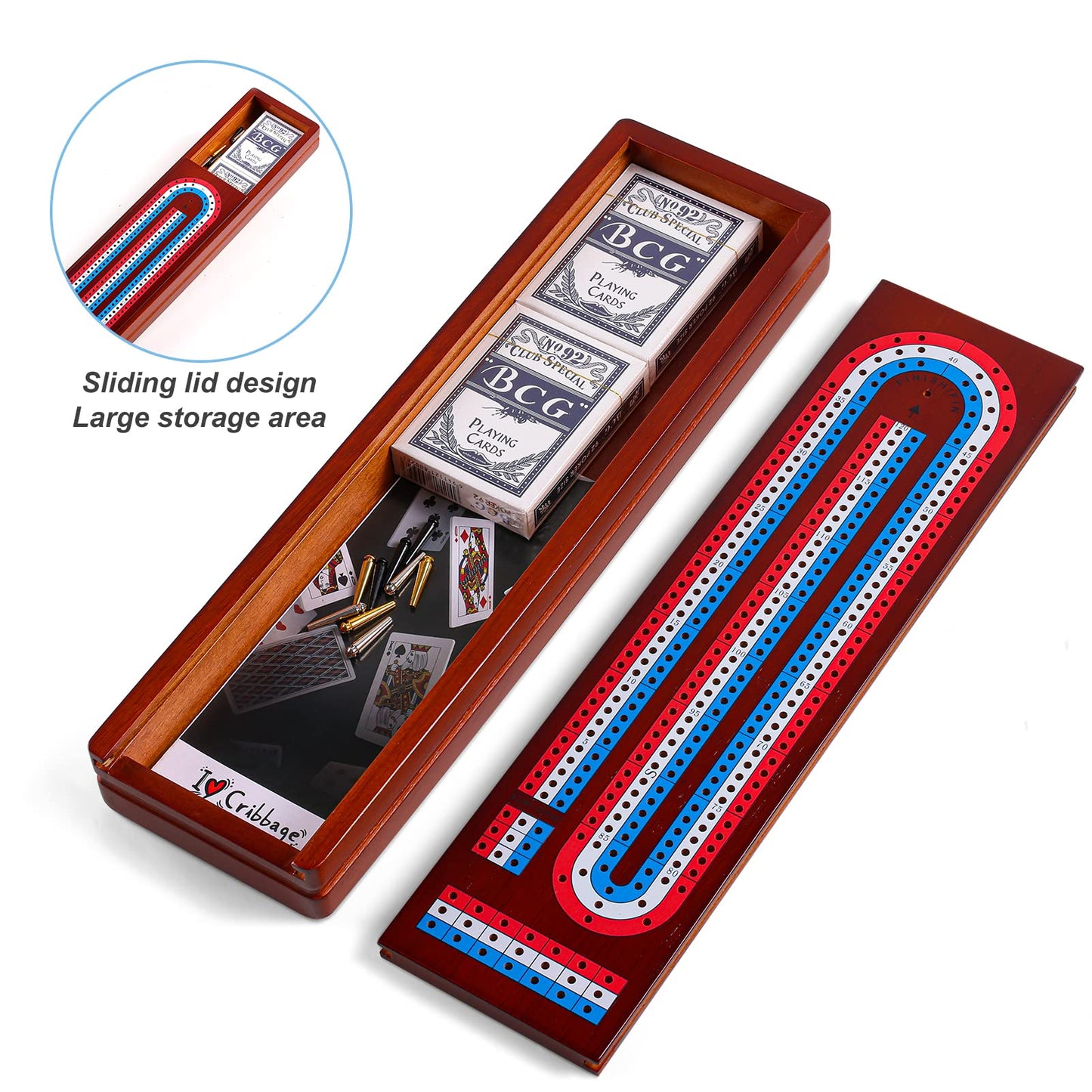 Ceebyfa Cribbage Board Game Set - Solid Wood, 3 Track, Vintage Color, Includes 9 Pegs & 2 Playing Cards, Perfect for All Ages