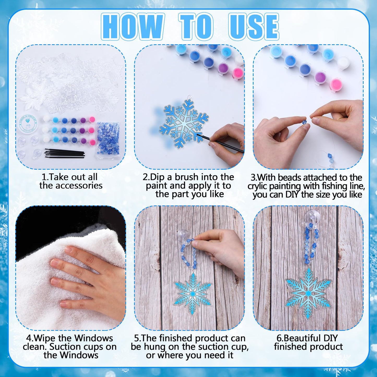 Beeveer 30 Sets Winter Snowflake Suncatchers Art Kits DIY Christmas Snowflake Suncatcher Crafts Paint Your Own Window Ornaments