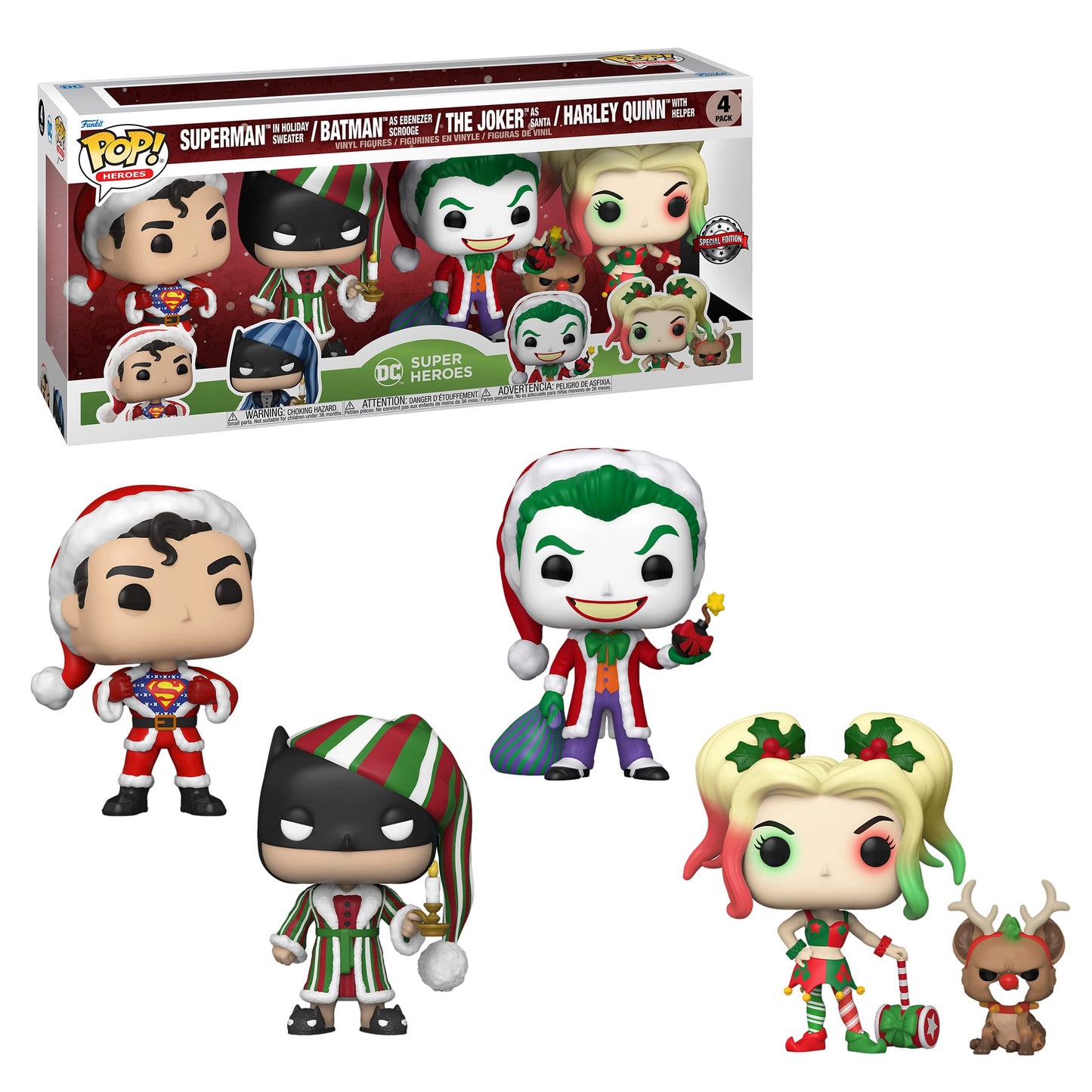 Funko Pop! Dc Comics Christmas 4 Pack Special Edition Exclusive Vinyl Figures - Superman In Holiday Sweater, Batman As Ebenezer Scrooge, The Joker As Santa, Harley Quinn With Helper