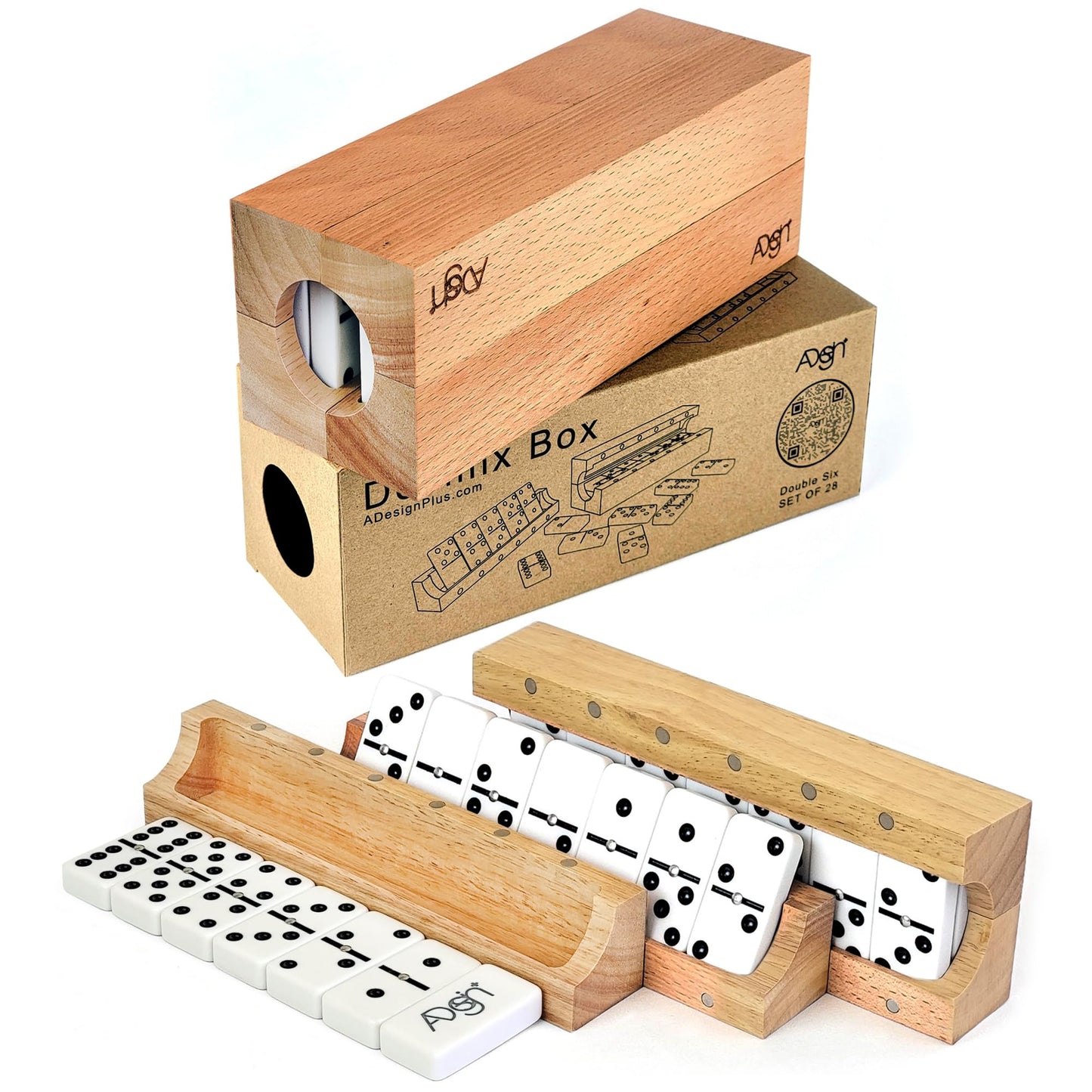 Domino Game Set Of 28 | Professional Double 6S | Multi-Use Box | Trays To Stand Tiles | By Adesign+ (Wood & Cardboard)
