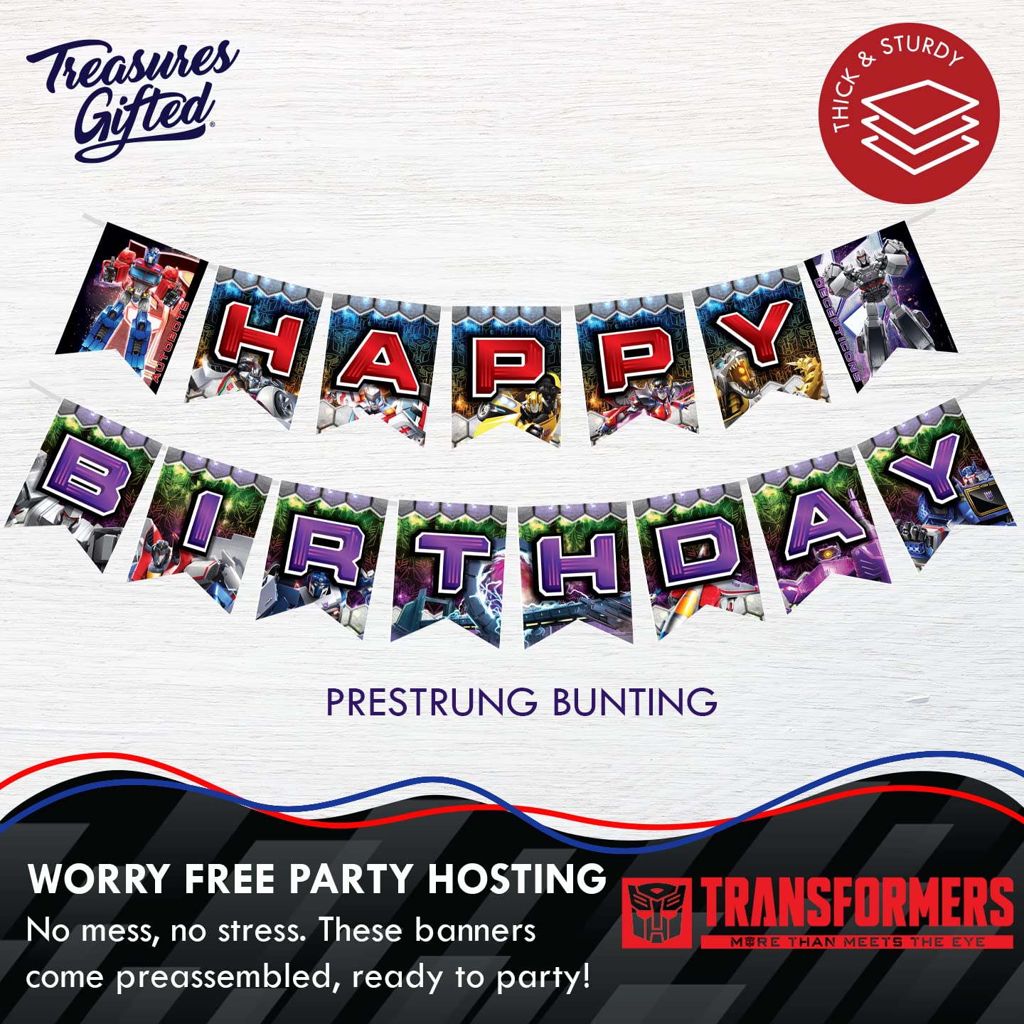 Treasures Gifted Officially Licensed Transformers Birthday Party Supplies - 1 Pre-strung Happy Birthday Banner - Transformers Pa