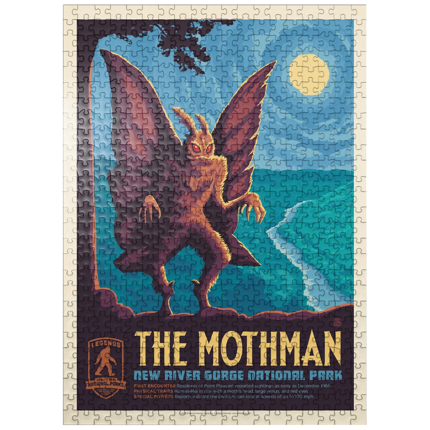 MyPuzzle.com 500 Piece Jigsaw Puzzle - Legends of The National Parks, Colorful Cardboard, New River Gorge's Mothman Vintage Poster