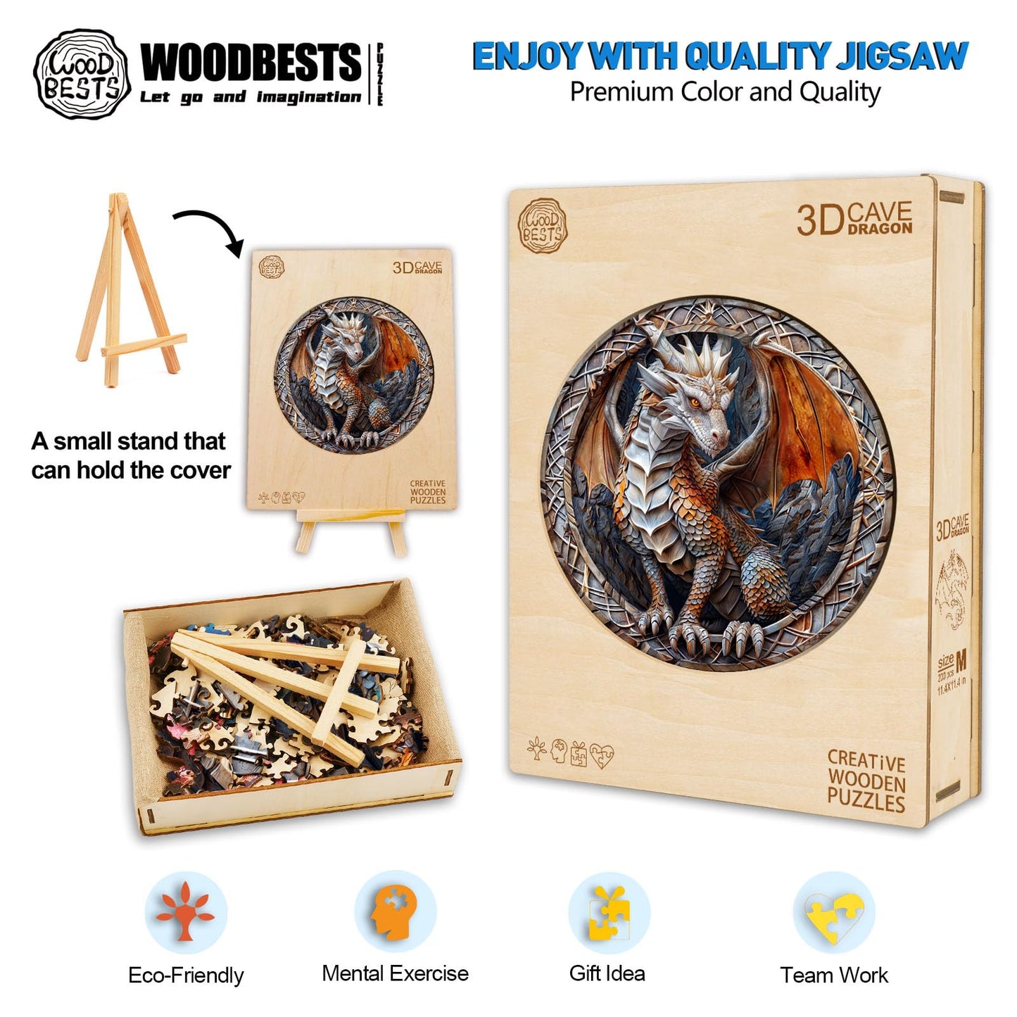 WOODBESTS Wooden Puzzles for Adults (200 Piece, M, 11.4''x11.4'') Guardian Dragon Puzzle Beautiful Wooden Box, Wooden Jigsaw Puz