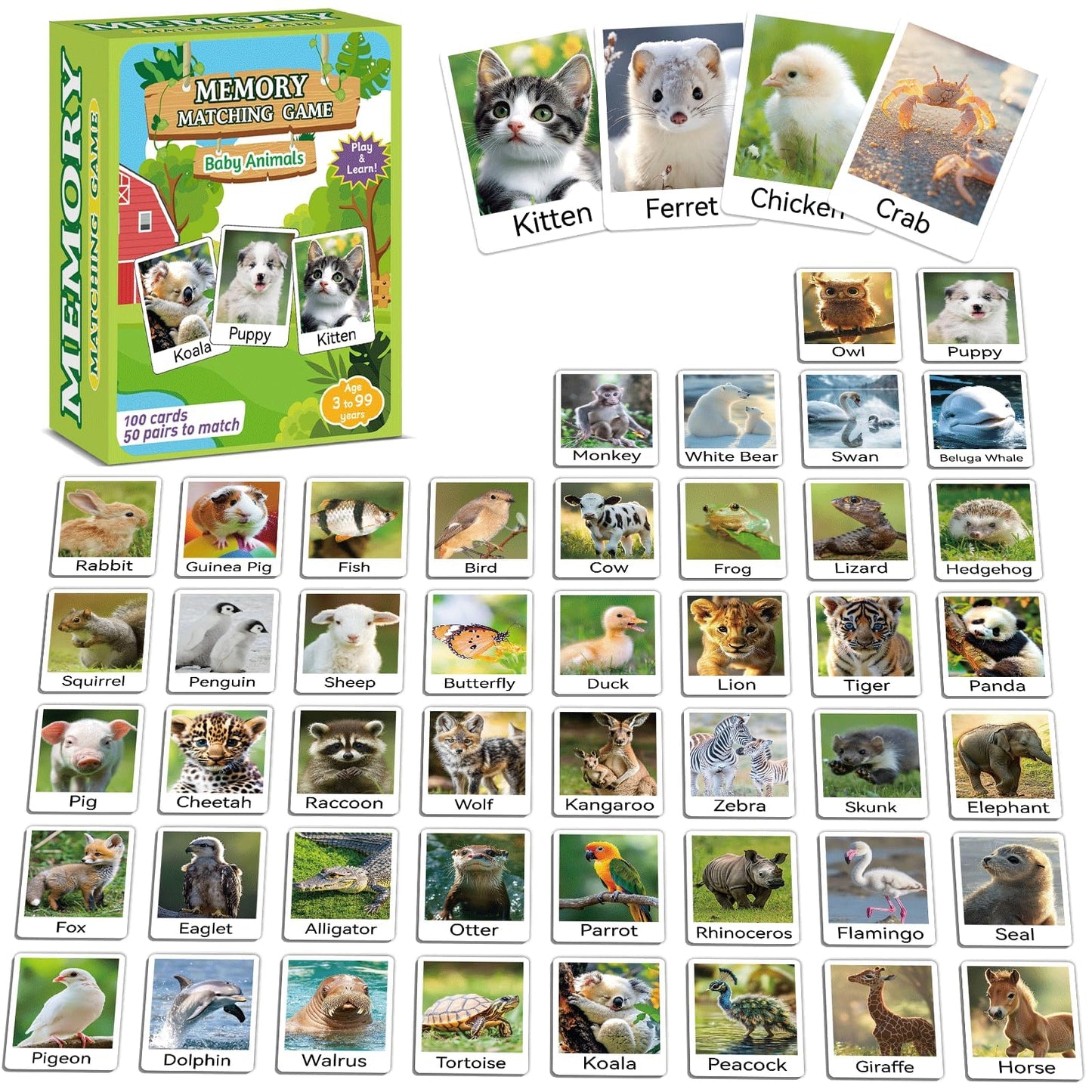 Gisgfim 50 Pairs Memory Matching Game Animal Babies Concentration Memory Card Educational Game For Kids Adults A Fun & Fast Baby