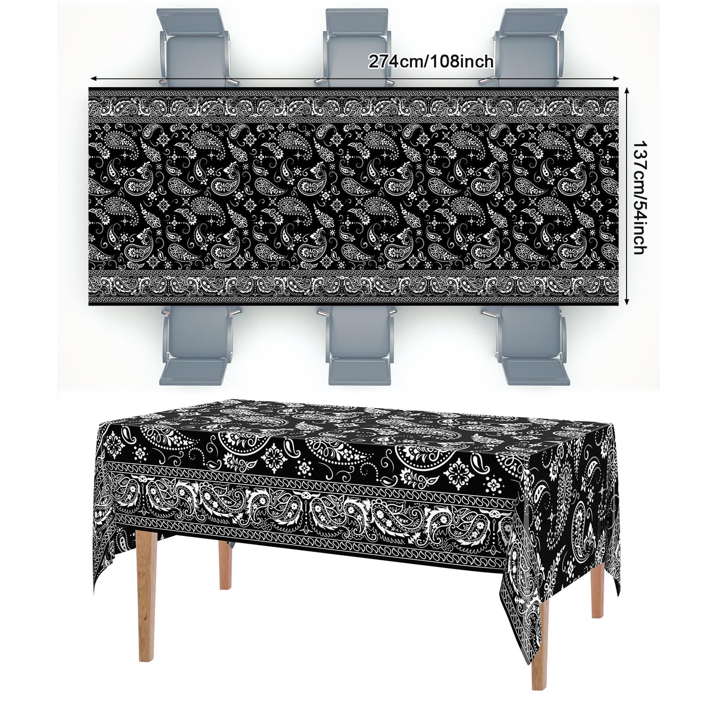 Oudain 6 Pcs Bandana Party Tablecloths,54 x 108 Inch Plastic Western Party Tablecloth, Bandana Paisley Table Cover, Rodeo Table