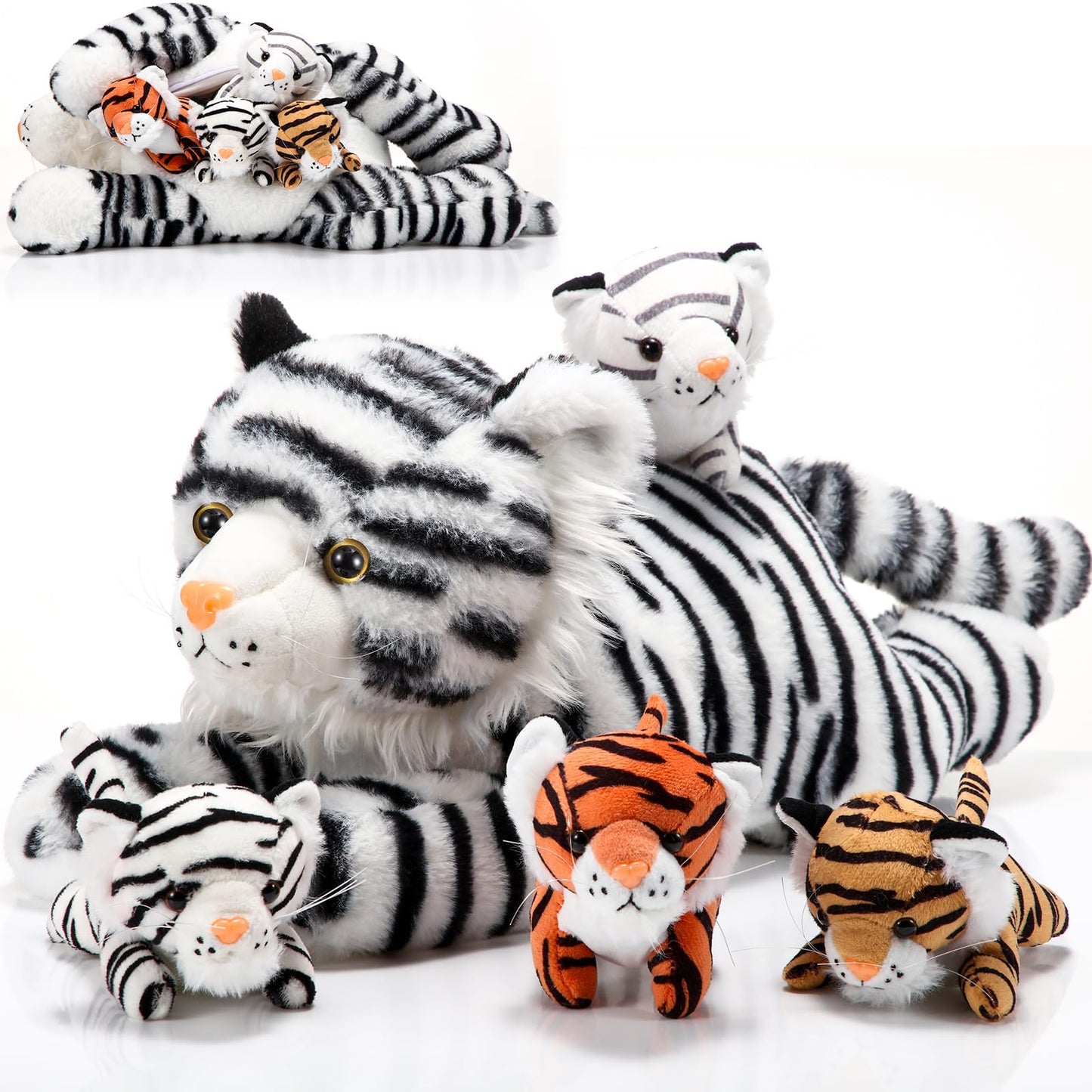 Threan 5 Pcs Tiger Stuffed Animals Plush Toy Set 16 Inch Stuffed Mommy Tiger With 4 Baby Cubs In Zippered Belly Cuddly Plushies For Kids Boys Girls Easter Forest Birthday Gifts Party Favor(Lovely)