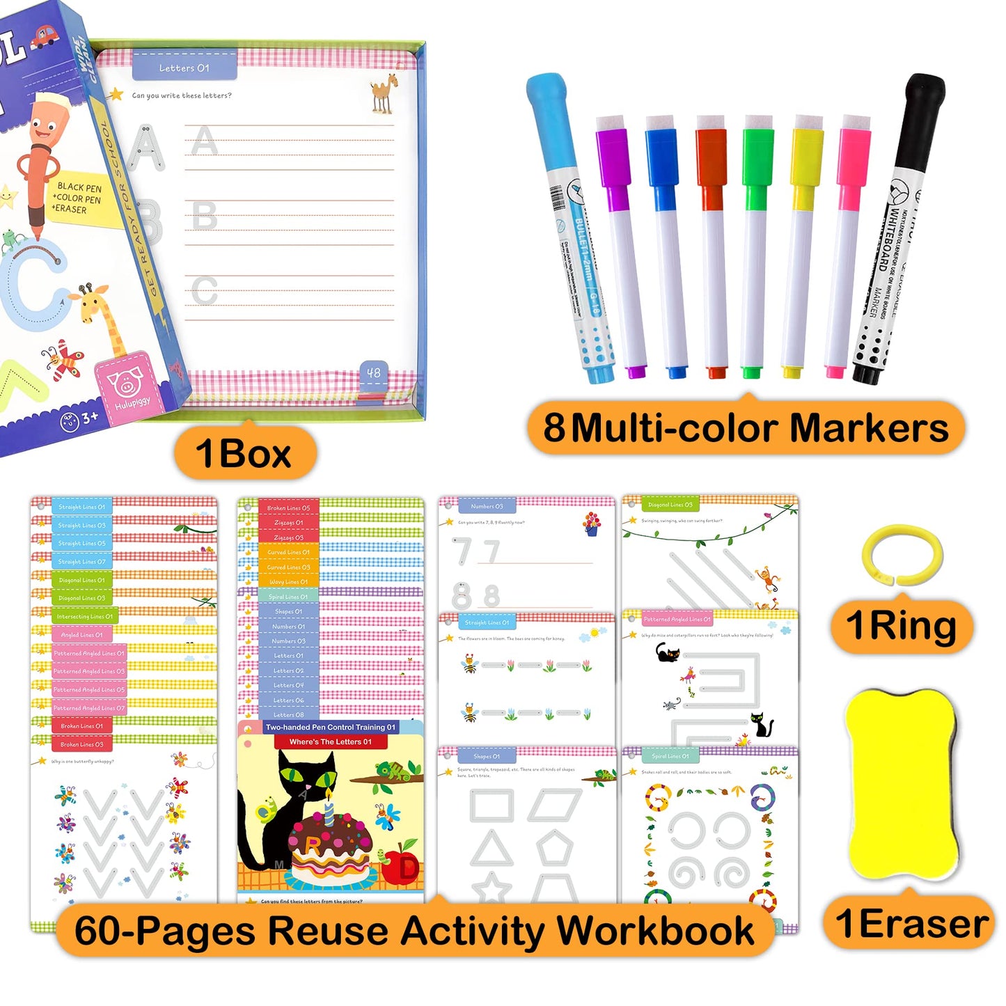 Hulupiggy Preschool Learning Activities 60 Reusable Pages, Tracing Letter Number Handwriting Practice Book For Kids, Montessori