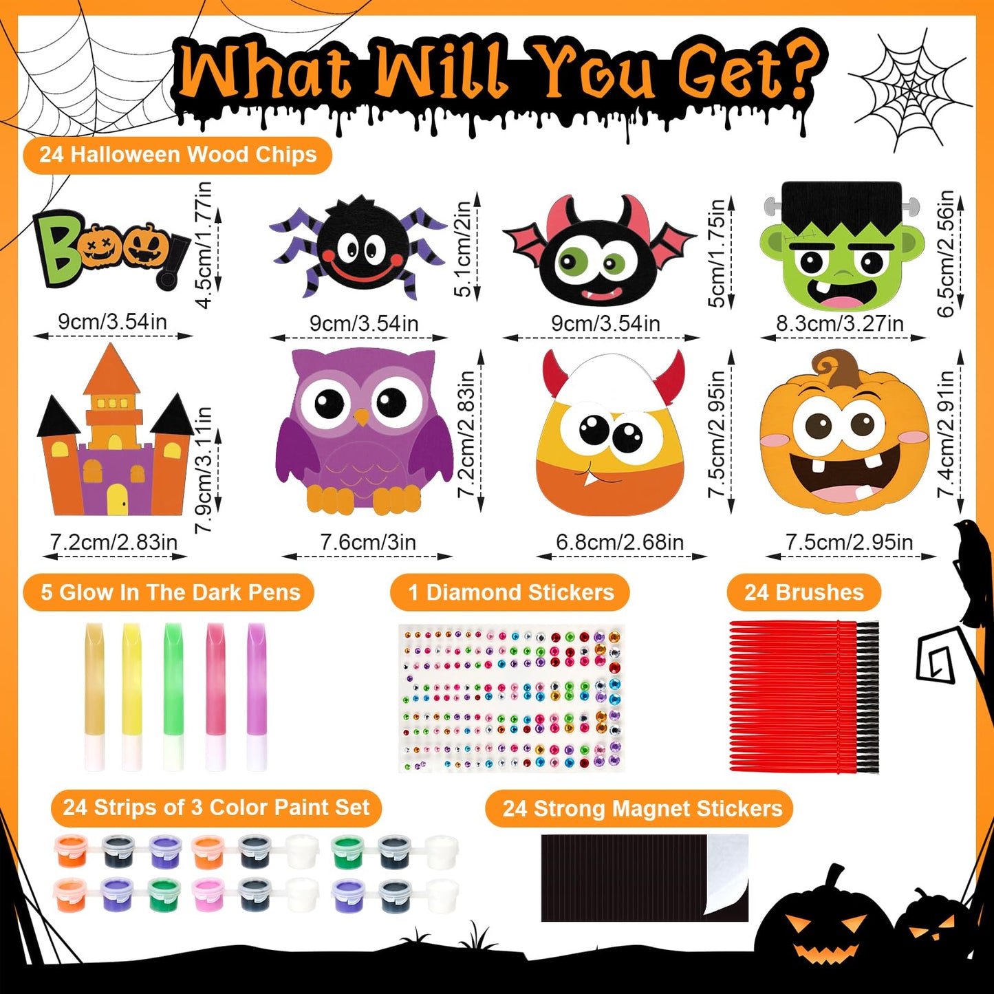 Bafeil 24 Pcs Halloween DIY Wooden Magnets to Paint, Halloween Glow in The Dark Wood Painting Crafts, Fridge Magnets Craft Kits