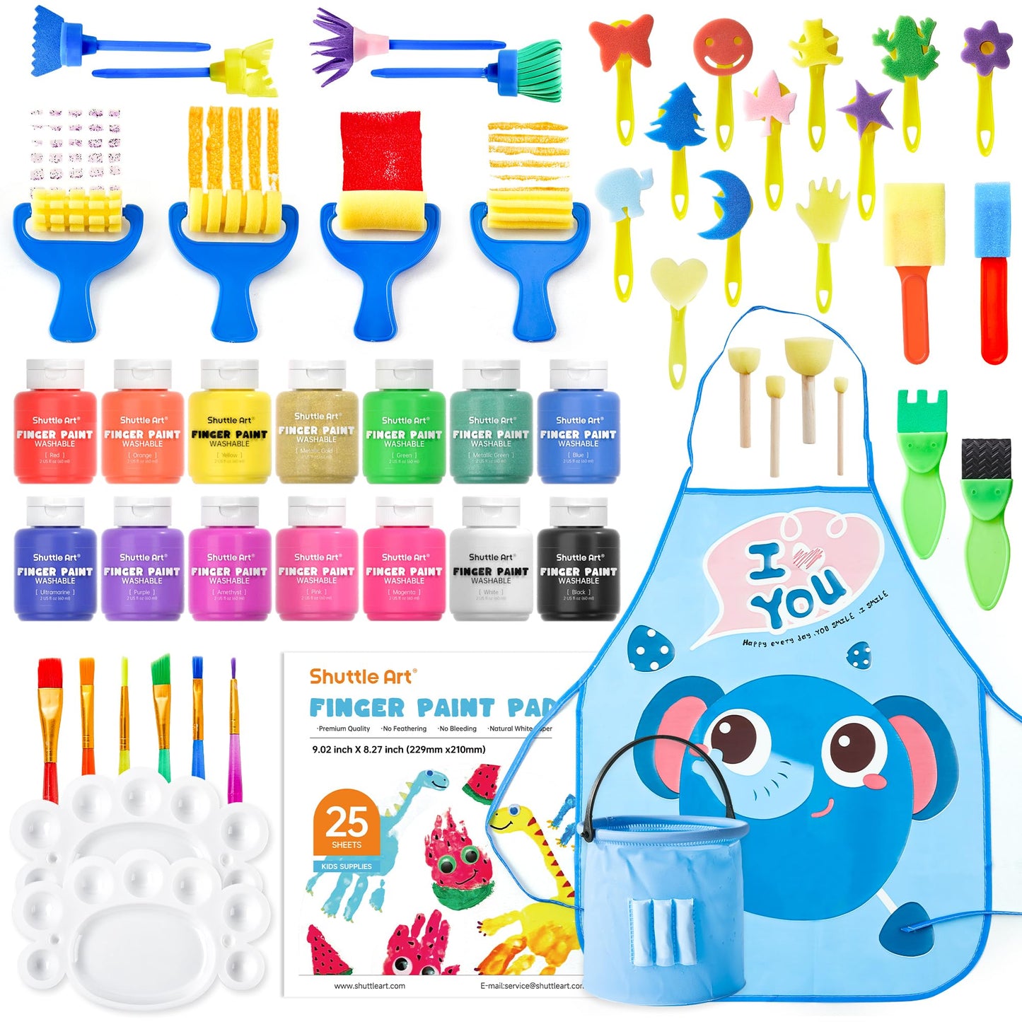 Washable Finger Paint Set, Shuttle Art 46 Pack Kids Paint Set with 14 Colors(60ml) Finger Paints, Brushes, Finger Paint Pad, Spo