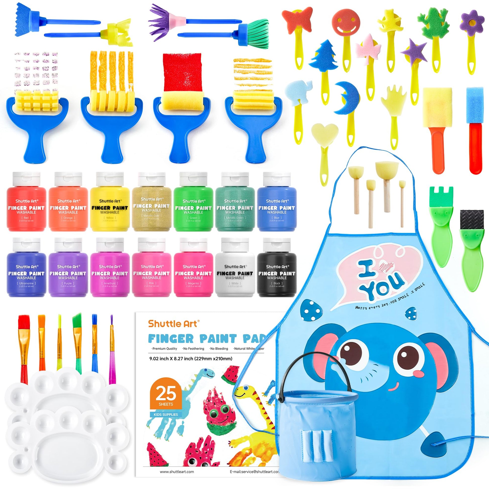 Washable Finger Paint Set, Shuttle Art 46 Pack Kids Paint Set with 14 Colors(60ml) Finger Paints, Brushes, Finger Paint Pad, Spo