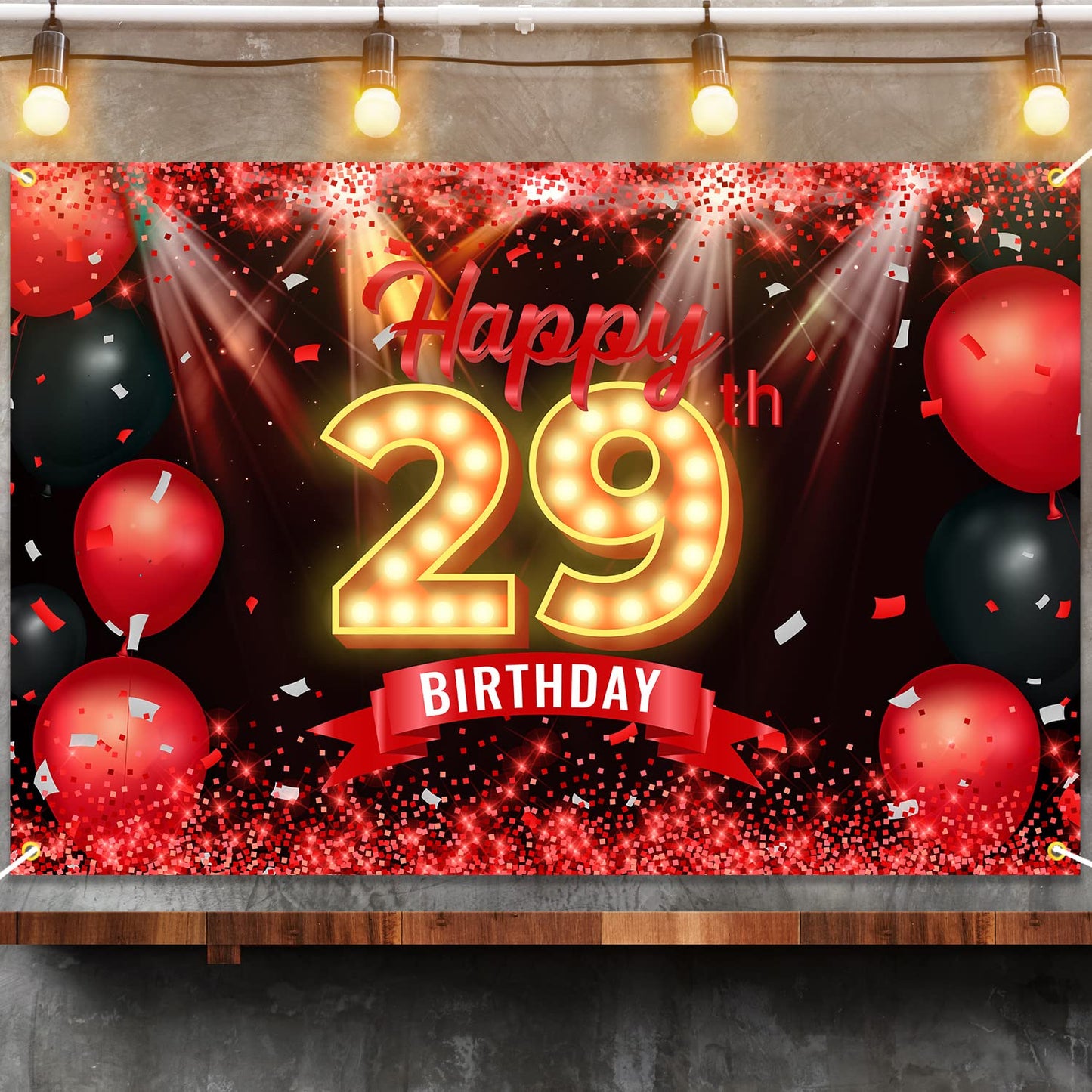 Happy 29th Birthday Banner Backdrop Red and Black 29 Years Old Background Bday Decorations for Women Men Photography Party Suppl