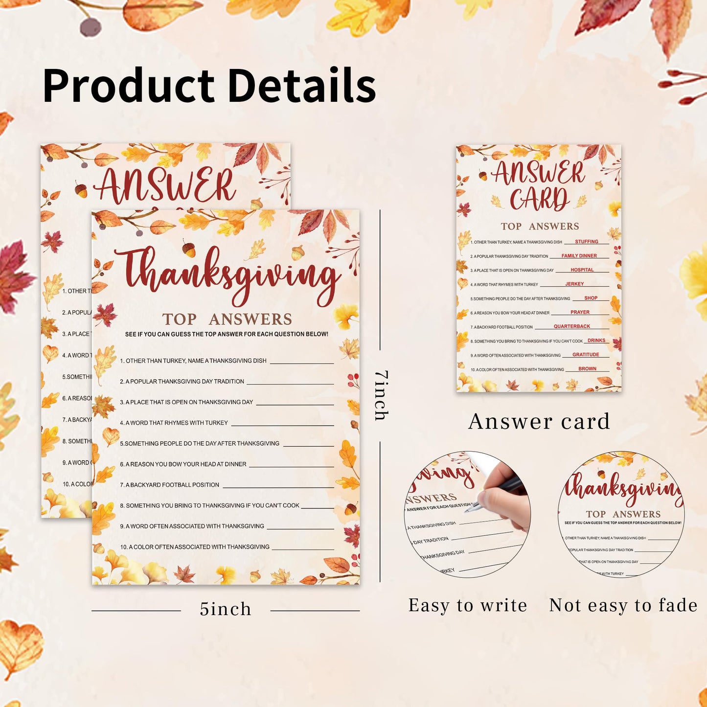 Bltgh Thanksgiving Top Answer Game Card Fun Fall Party Survey Game for Family and Friends Autumn Holiday Icebreaker 5x7 Inch Cards with Answer Card