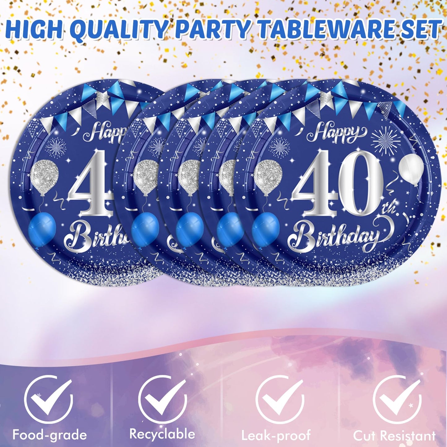 Blue 40Th Birthday Decorations For Men Navy Blue Silver Happy 40Th Birthday Plates,Table Covers And Napkins For 40Th Birthday An