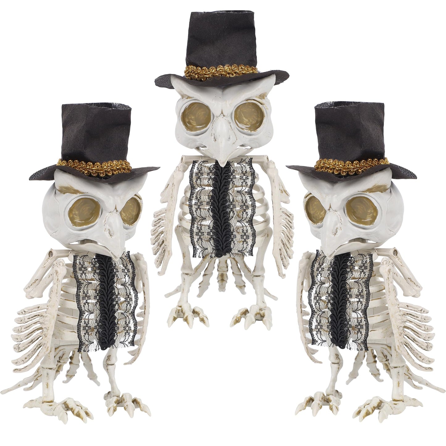 Dr.Dudu 3 Pack Halloween Skeleton Owl Decor, Life Size Animals Skeletons Plastic Skull Decorations Halloween Birds Figurines Dec