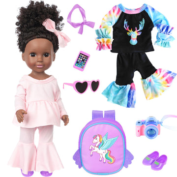 Ibayda One-Piece 14.5 Inch Black Girl African-American Washable Realistic Silicone Baby Doll With 2Sets Clothes Shoes Backbag Camera Glasses And Phone Toys Accessories