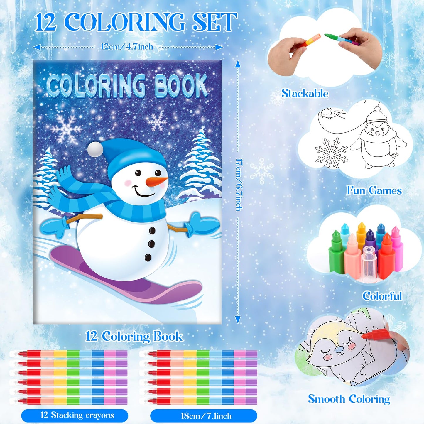 BenLouis 12 Frozen Mini Coloring Books Kids with 12 Stacking Crayons Winter Snowflake Themed Party Favors Small Activity Books B
