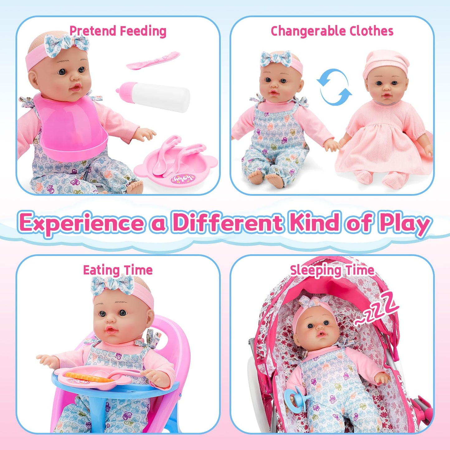 deAO Baby Doll Stroller Set High Chair Travel Diaper Bag with 12 inch Baby Doll Accessories Pretend Play Toys with Foldable Stro