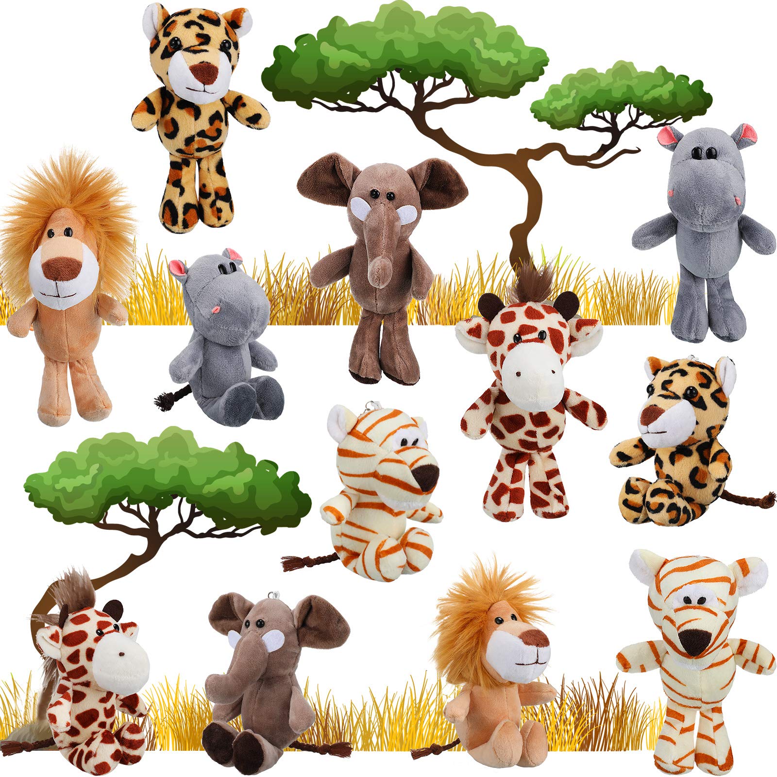 Sumind 12 Pieces Valentine'S Day Mini Stuffed Forest Animals Jungle Animal Plush Toys 4.8 Inch Cute Plush Elephant Lion Giraffe Tiger Plush For Animal Themed Parties Achievement(Standing)
