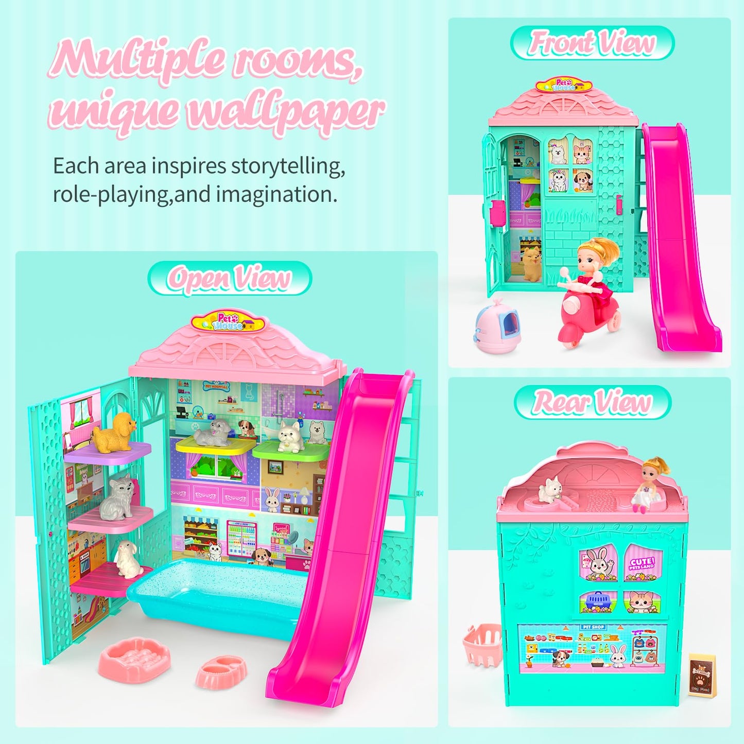 Foldable Pets Dollhouse Toy Play Set, Doll House of Pets with 31+ Accessories Includes Dolls, Motor, Pool, Little Pets, Slide an