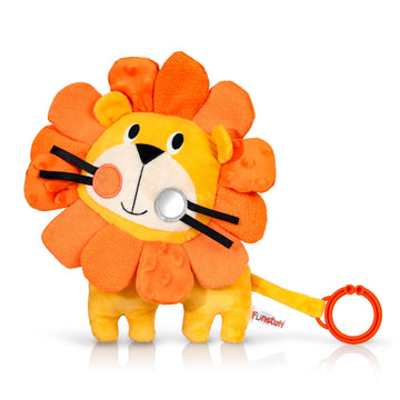 Funstuff Roary The Lion Sensory Toy Stuffed Animal With Crinkle Sound, Textured Tags, And Teether Ring For Babies & Toddlers (Ag