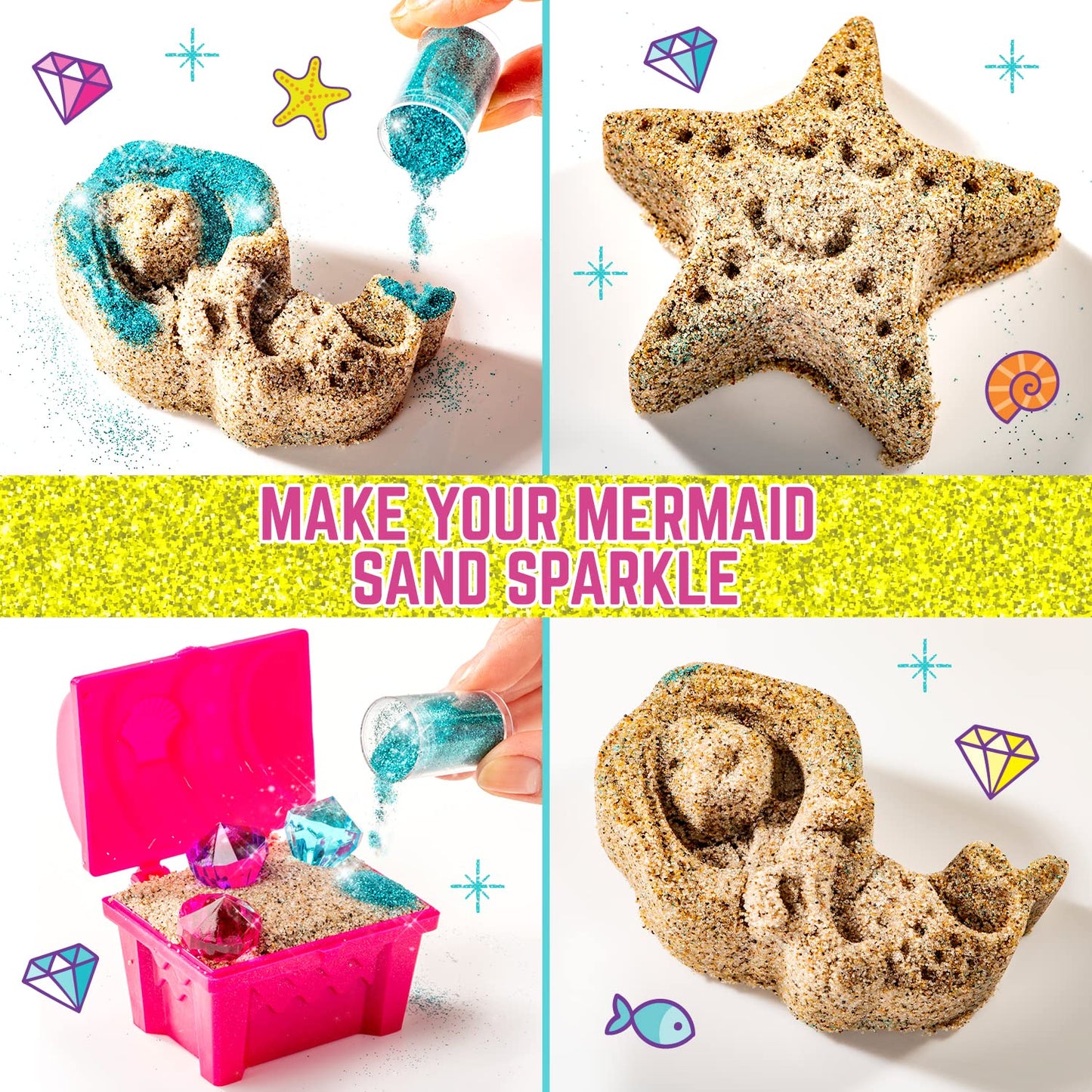 Girlzone Mermaid Sensory Sand Kit, 2Lbs Moldable Play Sand For Kids Aged 3+, Magic Sand With Gems, Tools & Portable Treasure Chest, Kids Toys For Playdates, Party Games & Gifting