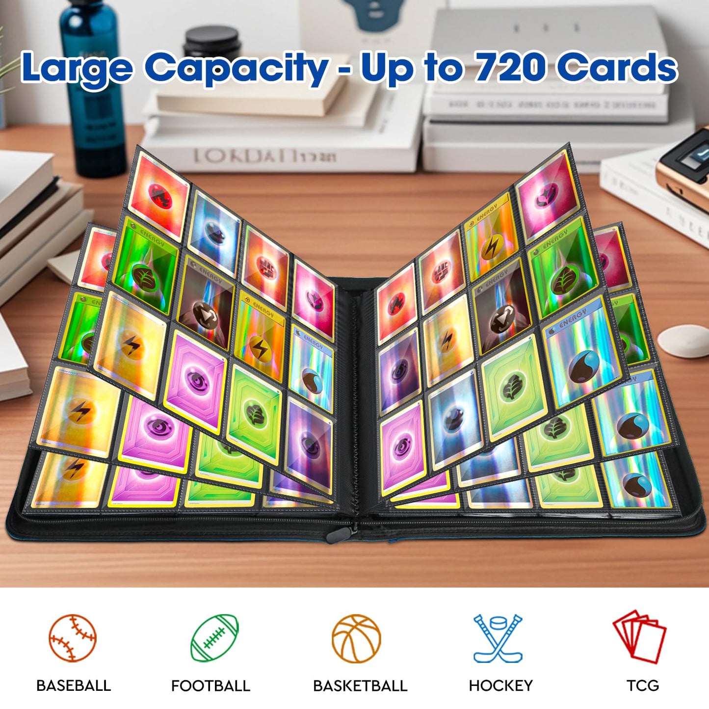 Old Canal Trading Card Binder  12 Pocket Card Album Folder Hold Up to 720 Cards  enhanced and Durable Zipper Binder  Cards Holder Album for MTG  TCG  Baseball Cards  Football Cards (Sapphire Blue)