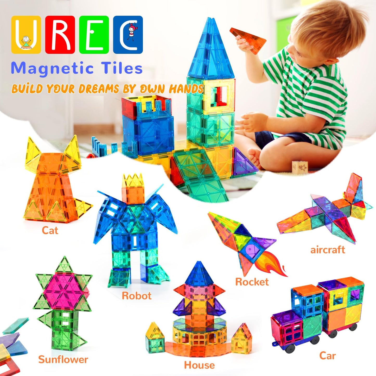 Urec Magnetic Tiles - 104 Pieces Magnetic Blocks For Kids, Magnet Tiles Building Blocks Set With 2 Cars, Construction Stem Toys Gift For Kids Boys 3 4 5 6 7 8 9+ Year Old