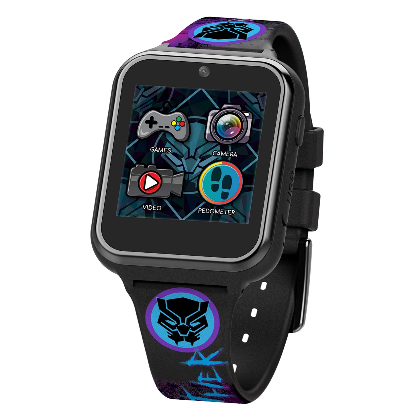 Accutime Kids Marvel Black Panther Black Educational ,Touchscreen Smart Watch Toy For Boys, Girls, Toddlers - Selfie Cam, Learning Games, Alarm, Calculator, Pedometer (Model: Avg4608Az)