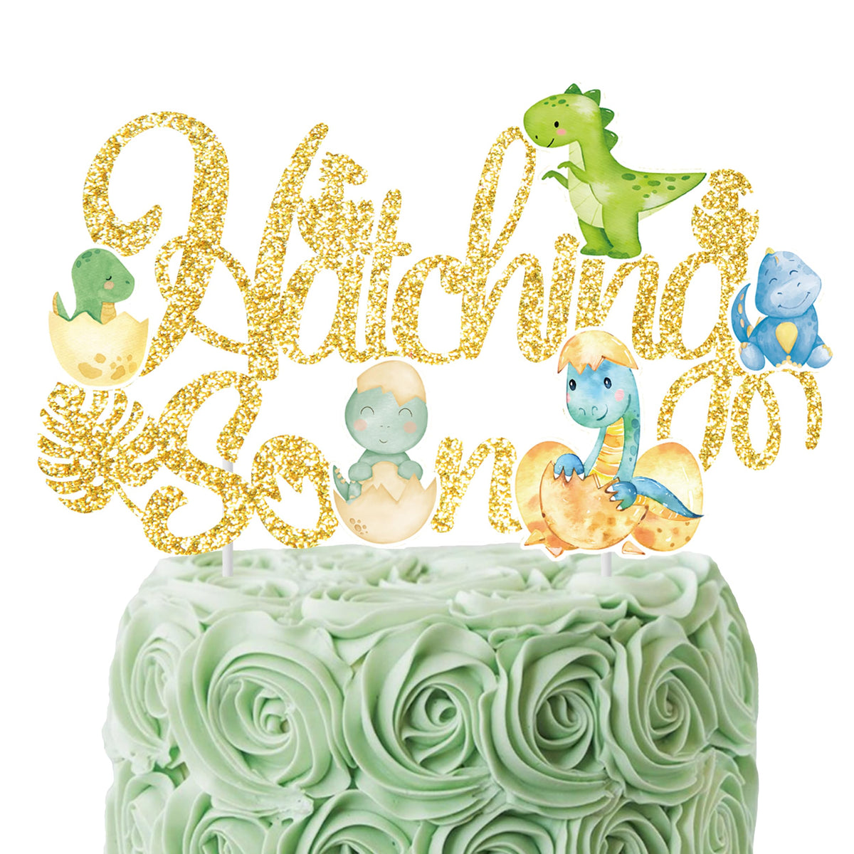 Dinosaur Hatching Soon Party Cake Topper (Gold)