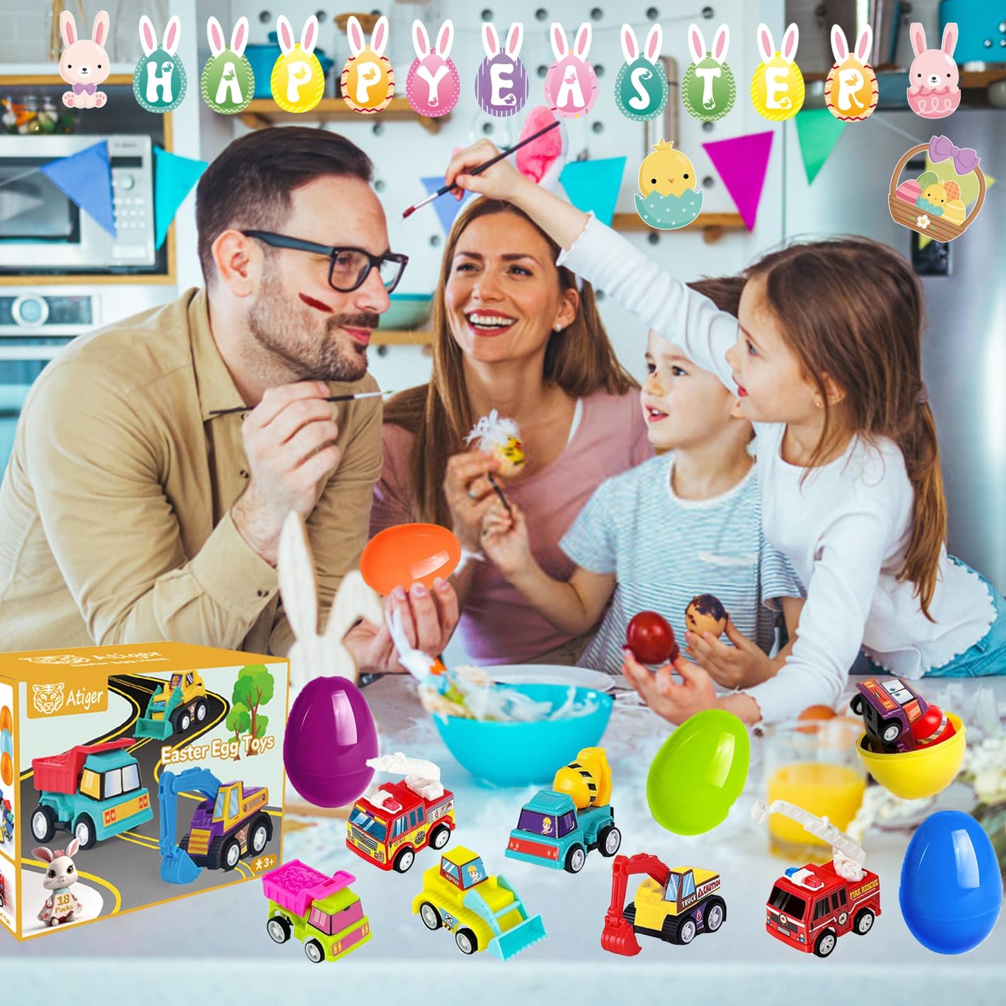 Atiger 18 Pcs Easter Egg Fillers With Toys Inside, Easter Basket Stuffers Filled Pull Back Engineering Vehicles Plastic Eggs Par