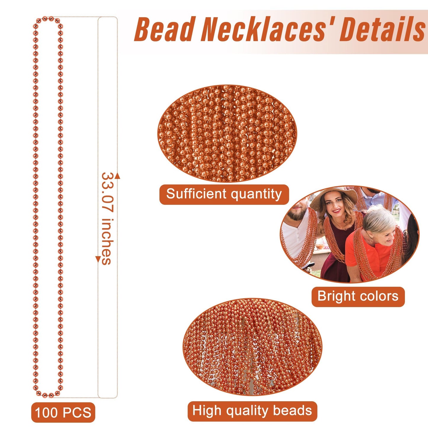Eoboh 100Pcs Mardi Gras Beads, Orange Bead Toy Necklaces Party Favors, 33'' Necklaces Costume Accessories, Festival Parade Throw