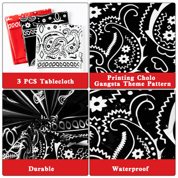 K1Tpde 3Pcs Bandana Party Tablecloths, Cholo Gangsta Theme Bandana Table Covers, Bandana Plastic Tablecloth, Cholo Themed Western Party Decorations For Adult, Red, White, Black Party Tablecloths