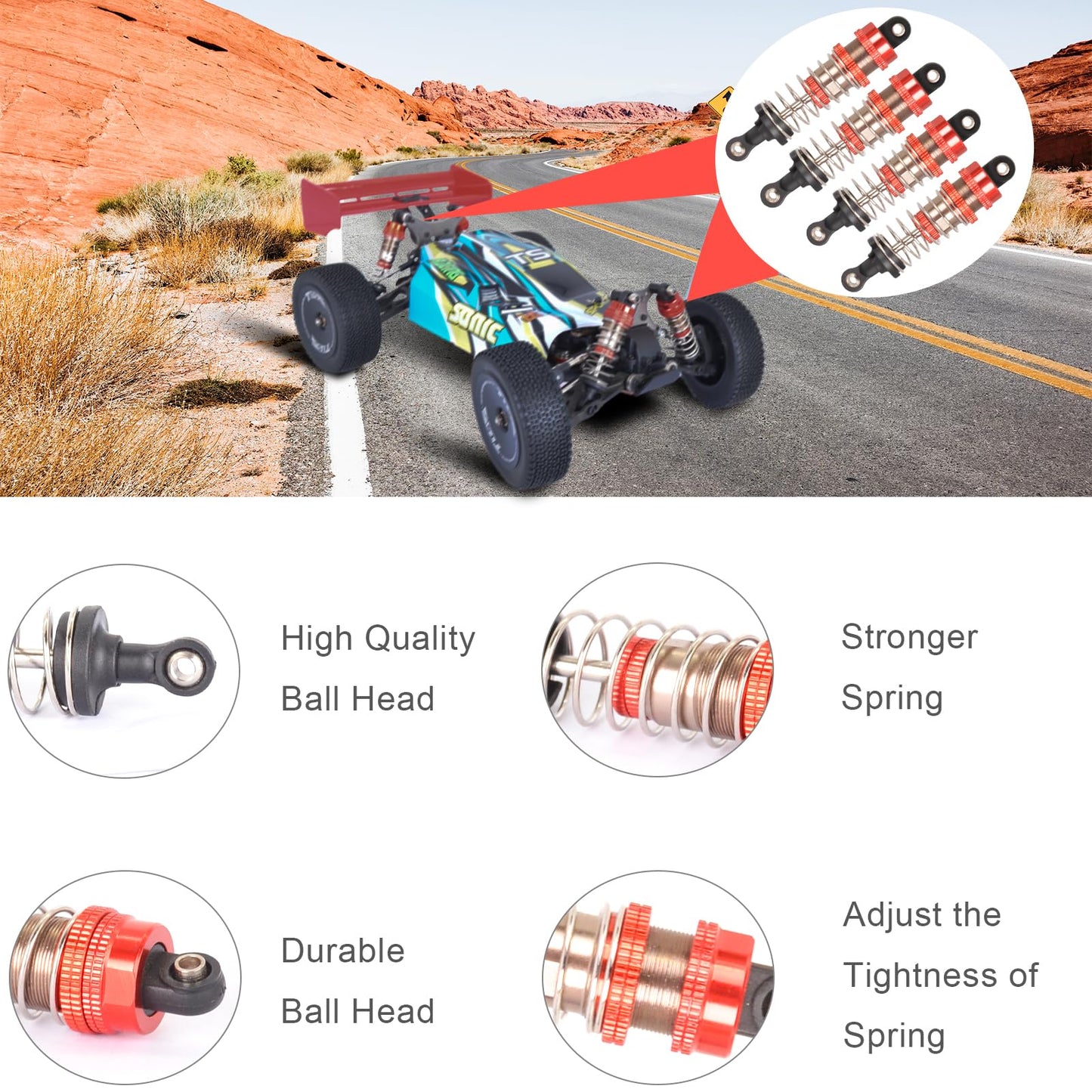 RcThjia Oiled 4Pcs 72mm Aluminum Oil Shock Set for 1/12 1/14 1/16 RC Cars - Front/Rear Upgrade Compatible with WLtoys 144001, 12