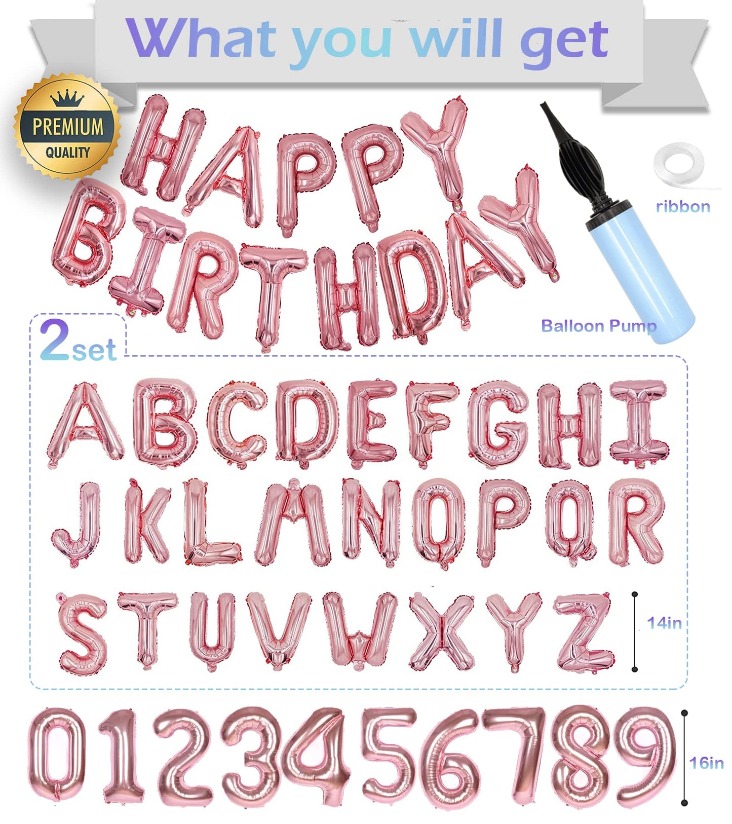 76Pcs Happy Birthday Balloon Banner, Rose Gold Balloons Letters, Personalized 16'' Mylar Foil Birthday Decorations Include 2 Set