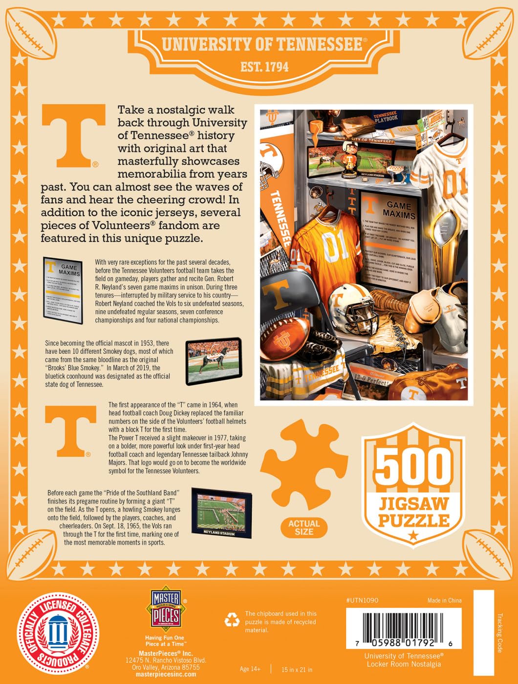 MasterPieces Game Day 500 Piece Jigsaw Puzzle for Adults - NCAA Tennessee Volunteers Locker Room - 15x21