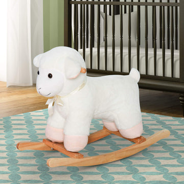 Qaba Lamb Rocking Horse Sheep, Nursery Stuffed Animal Ride On Rocker For Kids, Wooden Plush, White