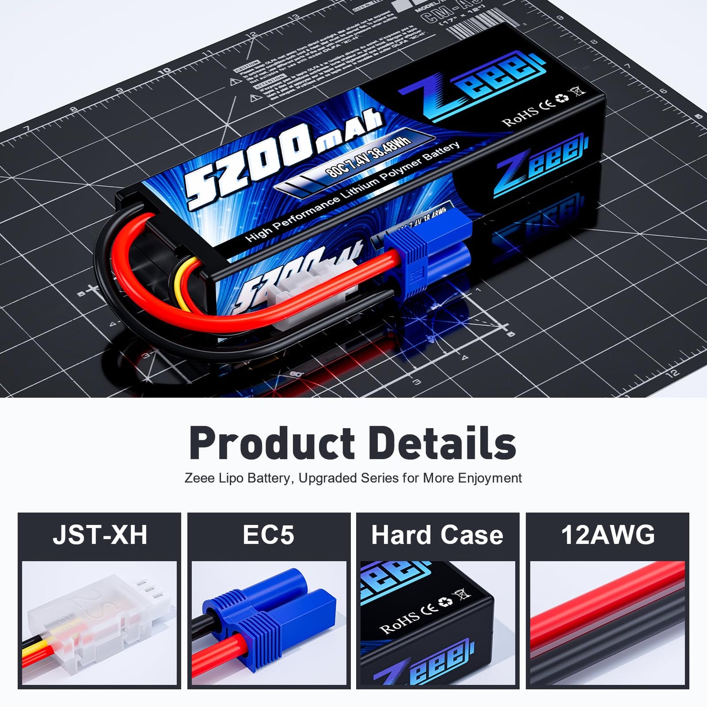 Zeee 2S Lipo Battery 7.4V 5200mAh 80C Hard Case Battery with EC5 Plug Compatible with 1/8 1/10 RC Vehicles Car Slash RC Buggy Tr