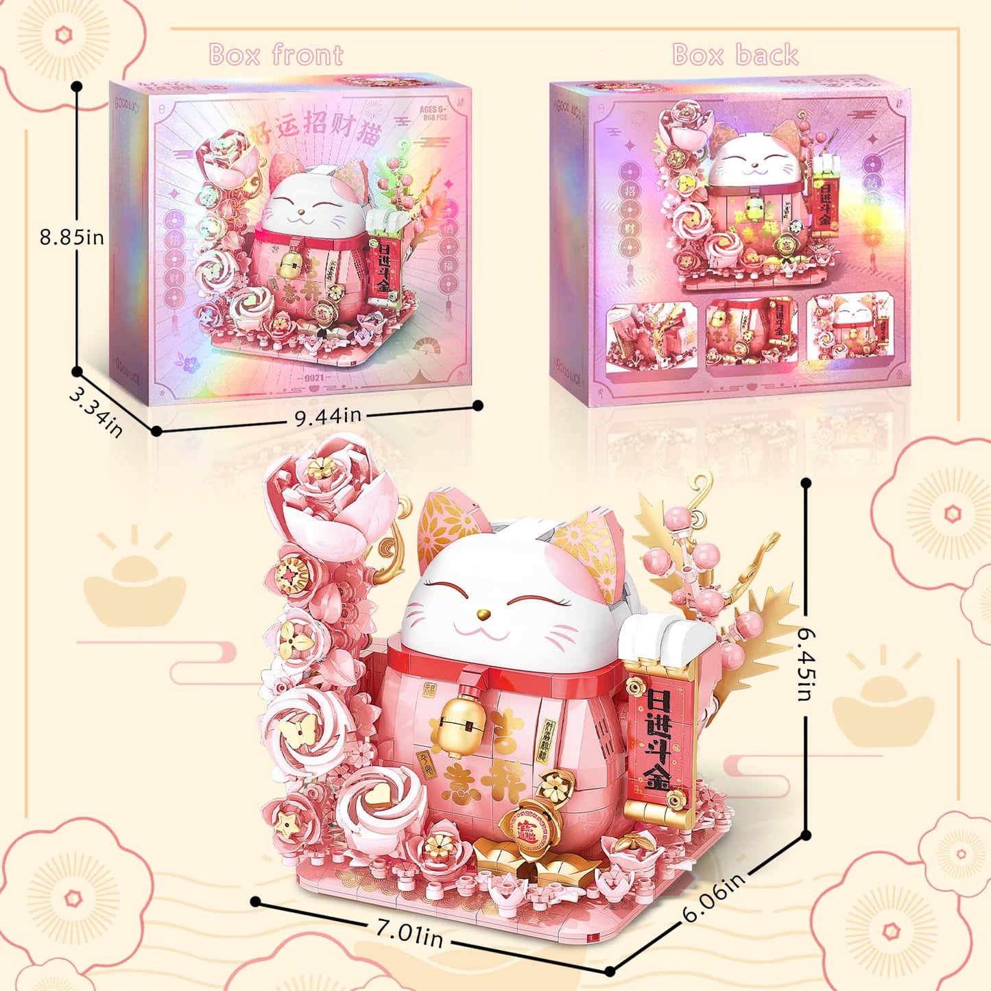 Lucky Cat Building Block Set  Compatible with Lego Cat  868Pcs Cute Fortune Cat with Flowers Building Blocks  Christmas Birthday Creative Gift for Girls Boys mature-themed (Pink Cat)