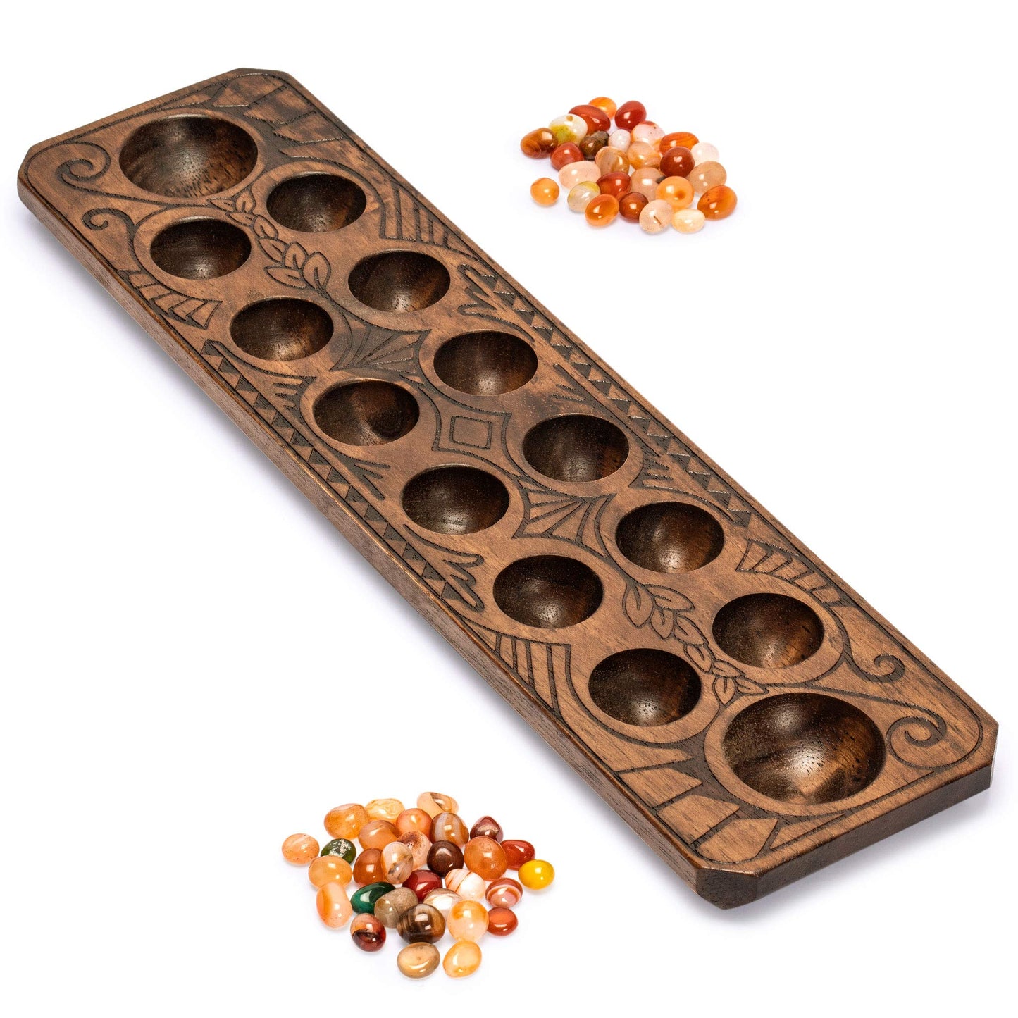 Yellow Mountain Imports Mancala Set - 17.3-Inch Solid Wood Board, Quartz Pebble Pieces, Large, Brown