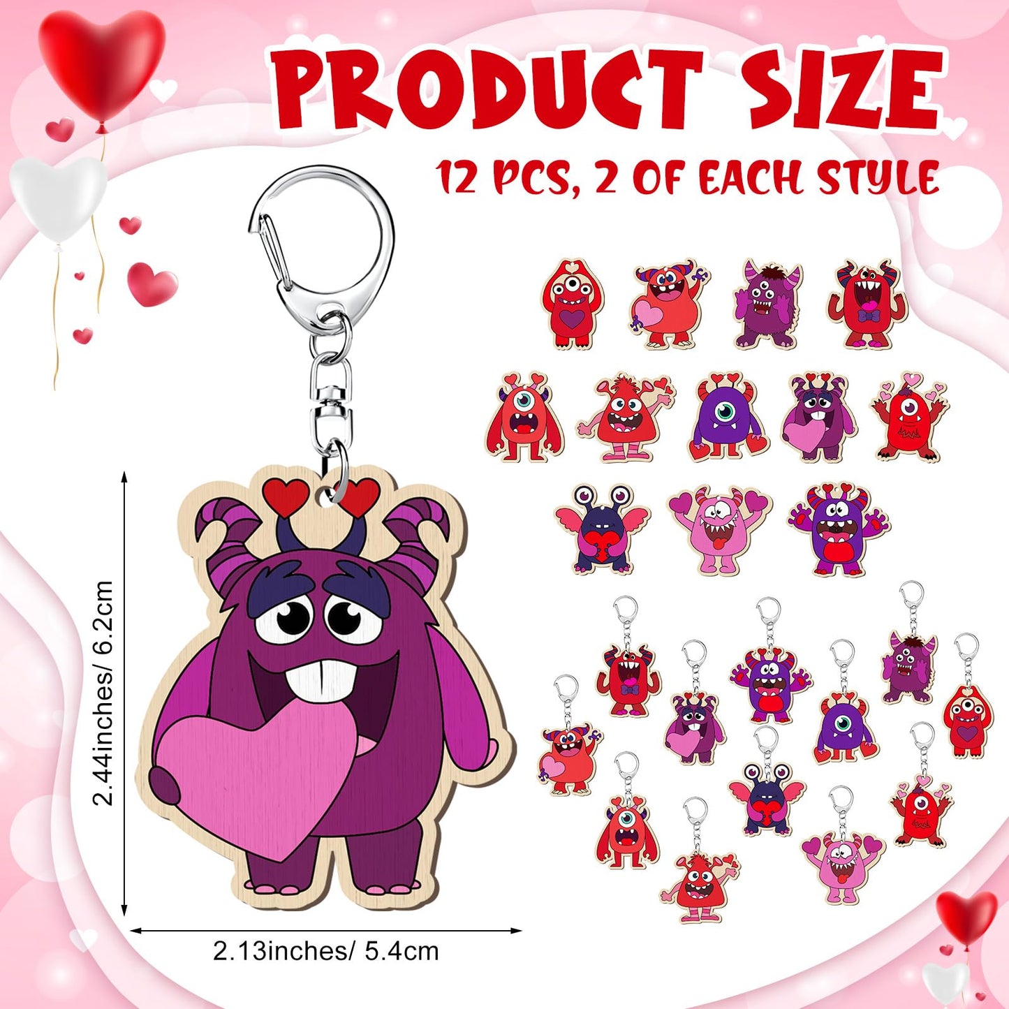 Memorywuu 24 Sets Valentines Day Craft Kits Color Your Own Valentine Monster Keychain DIY Heart Wood Keychains Paintable Unfini