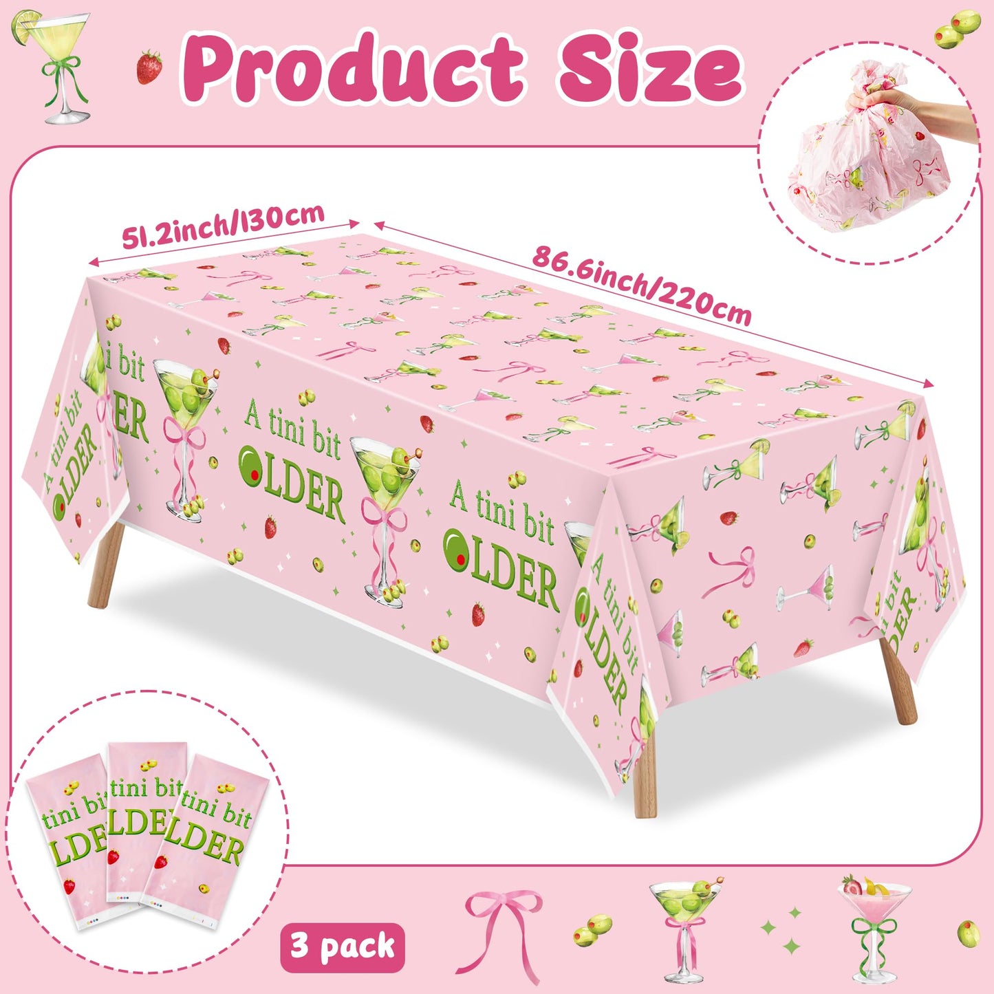 Pink Green Martini Party Tablecloths - 3Pcs A Tini Bit Older Birthday Table Covers, Martini Bow Themed Party Decoration Plastic