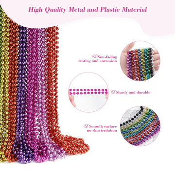 72 PCS Metallic Silver Bead Necklaces, 33 Inch 7 mm Mardi Gras Beads Bulk Round Beaded Necklaces Costume Necklace for Mardi Gras