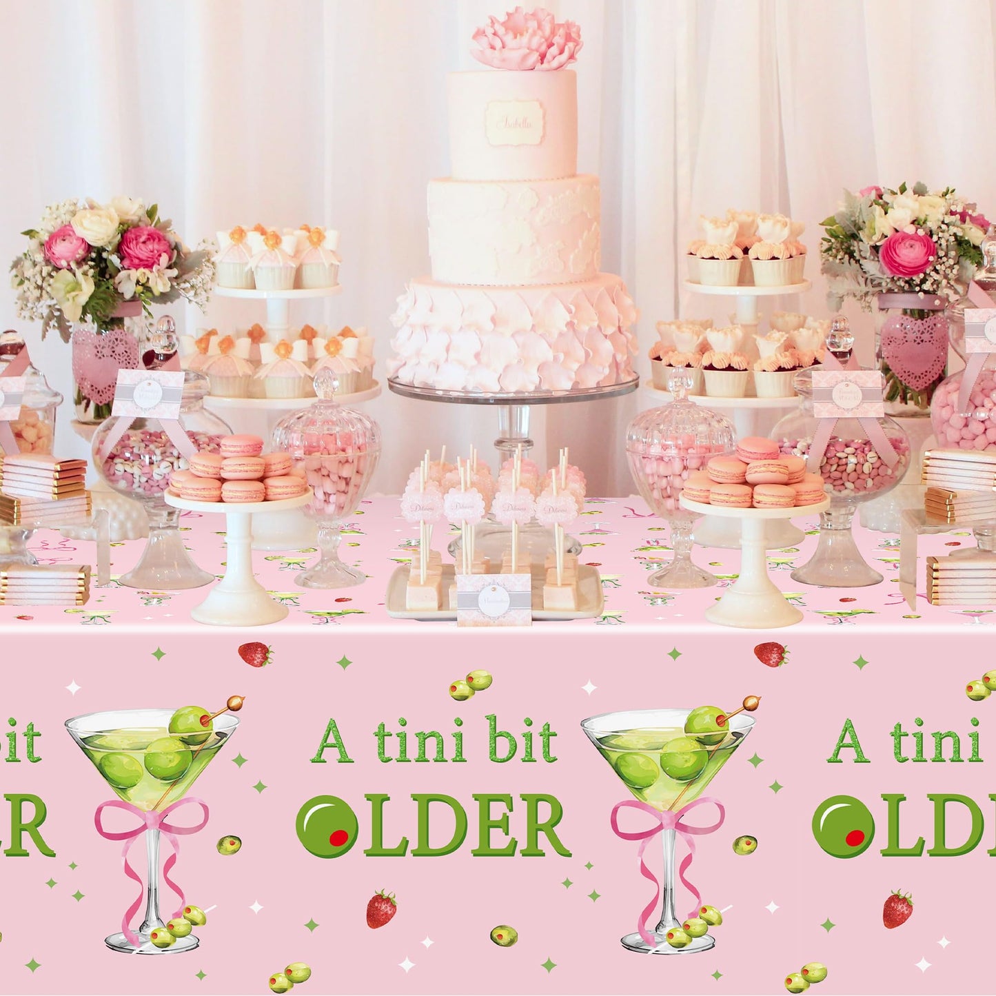 Pink Green Martini Party Tablecloths - 3Pcs A Tini Bit Older Birthday Table Covers, Martini Bow Themed Party Decoration Plastic